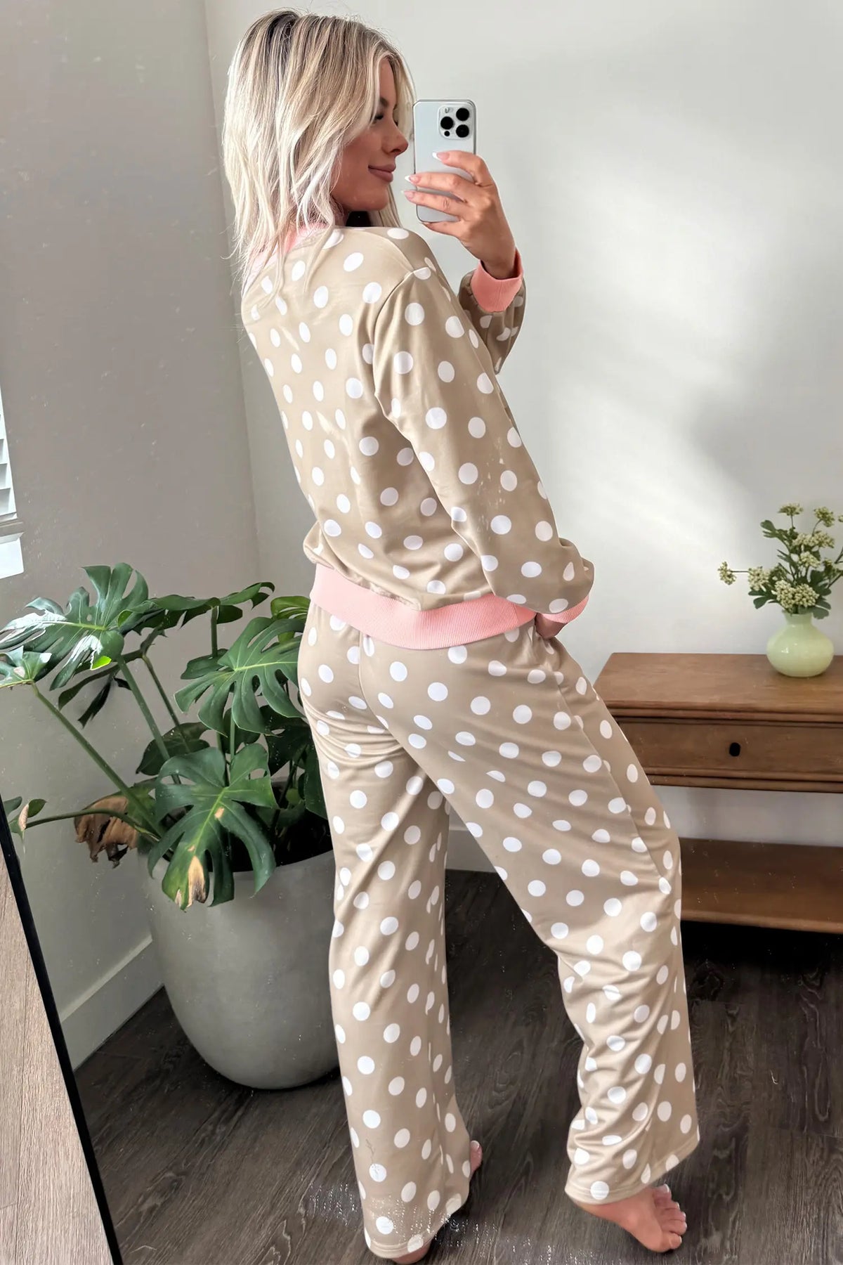 Polka Dot Contrast Trim Long Sleeve Top Drawstring Shift Pants Set – Khaki