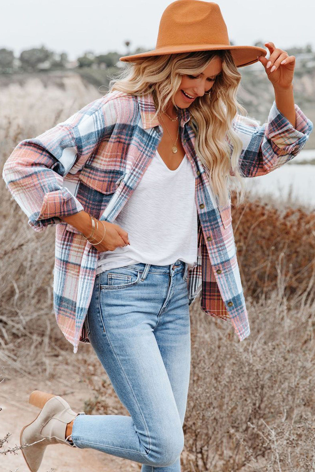 Pink Black/Pink Plaid Flap Pockets Shacket eAura