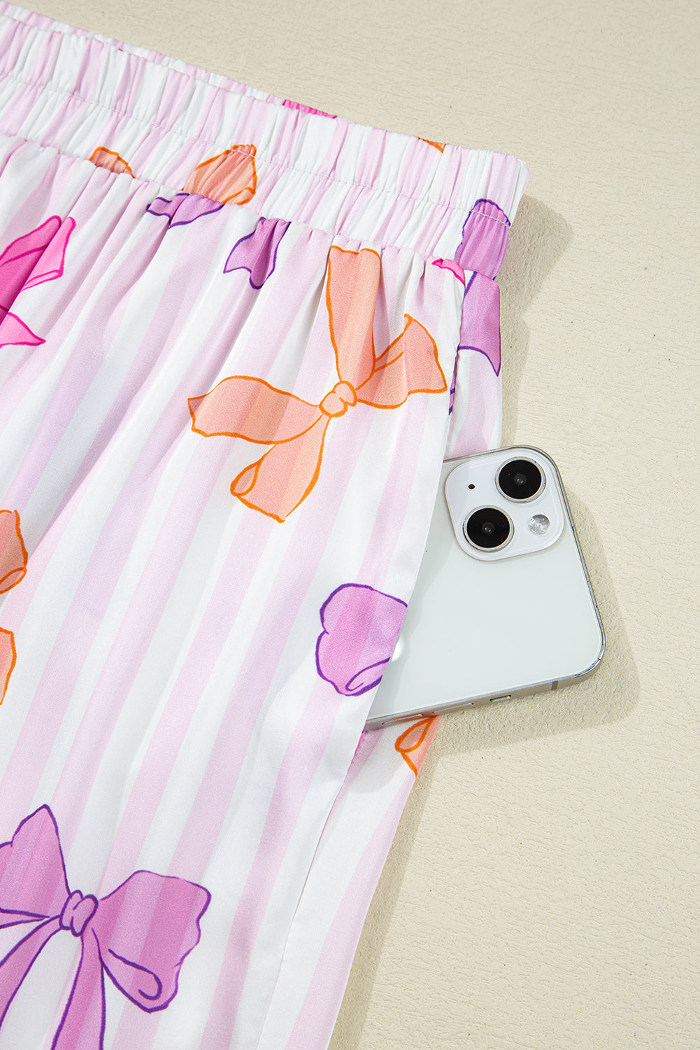 Pink Striped Bow Print Contrast Piping Trim Shirt and Bottoms Pyjama Set