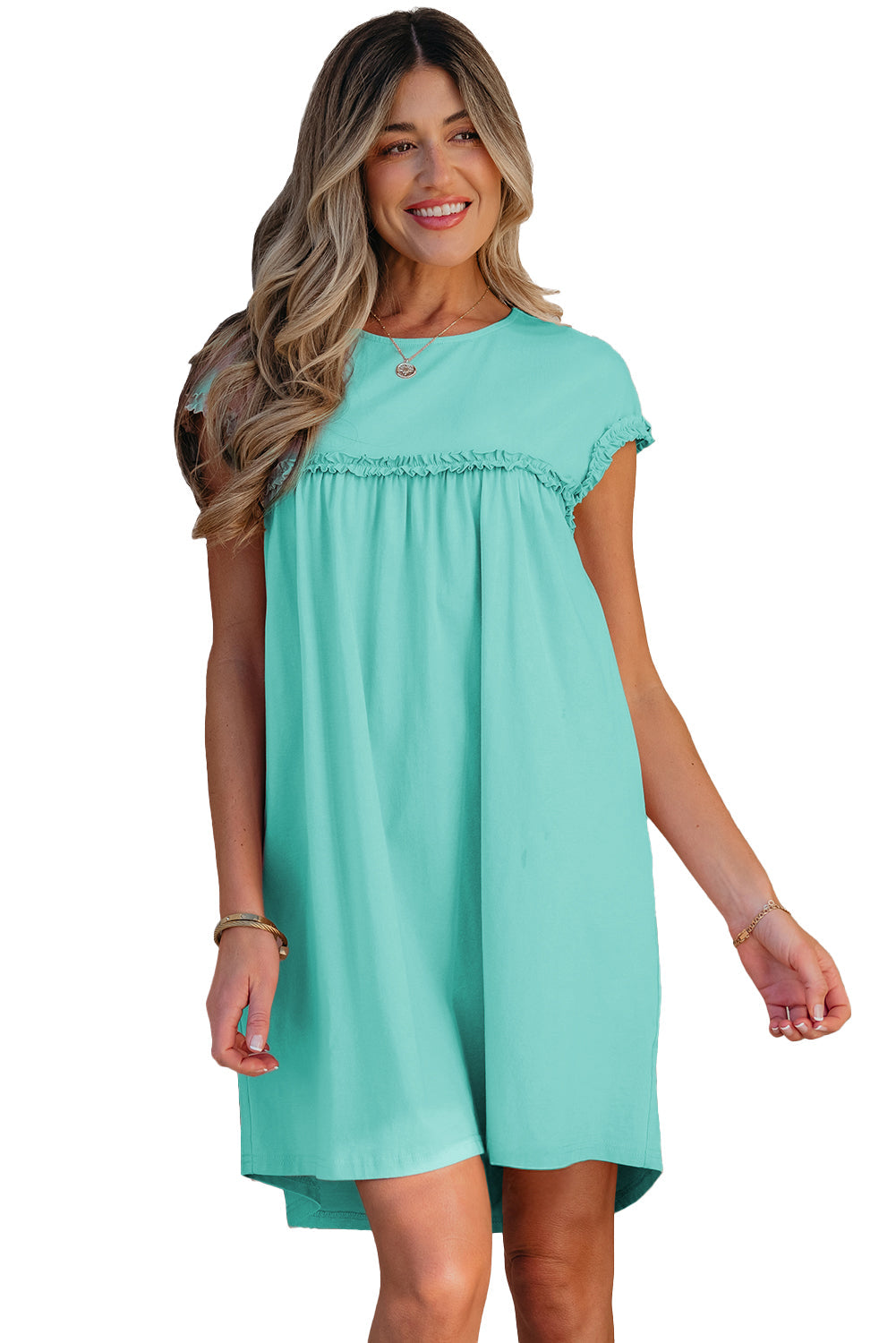 Mint Green Frilled Trim Crew Neck Loose Fit Mini Dress eAura