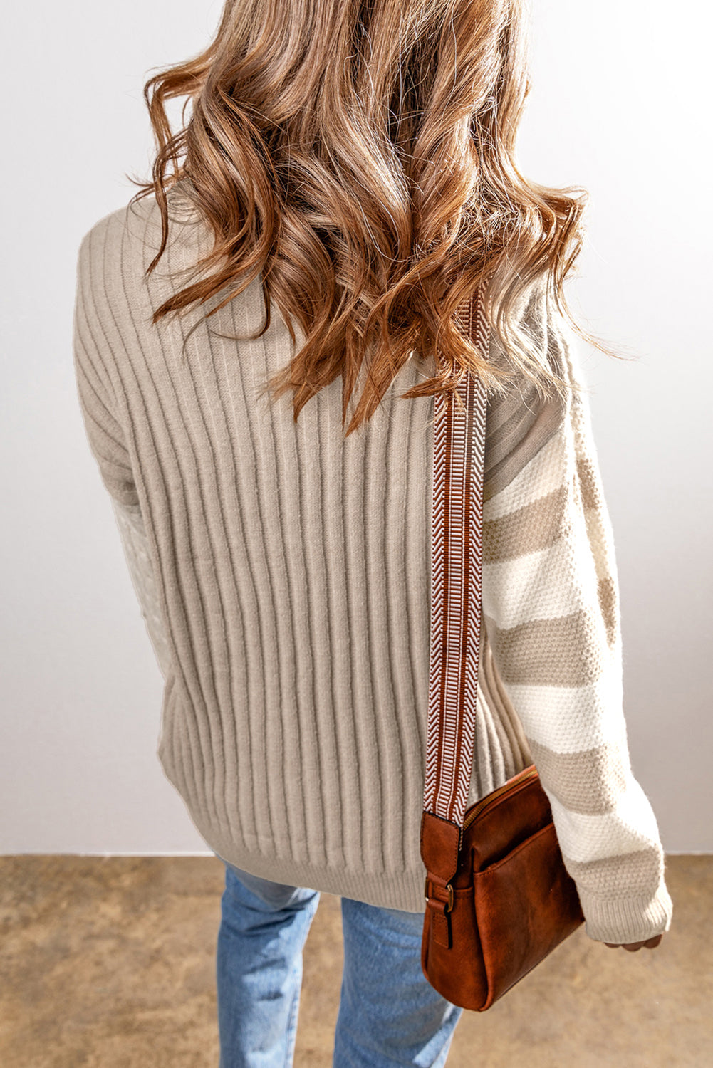 Khaki Cable Knit Colourblock Crew Neck Drop Shoulder Sweater eAura