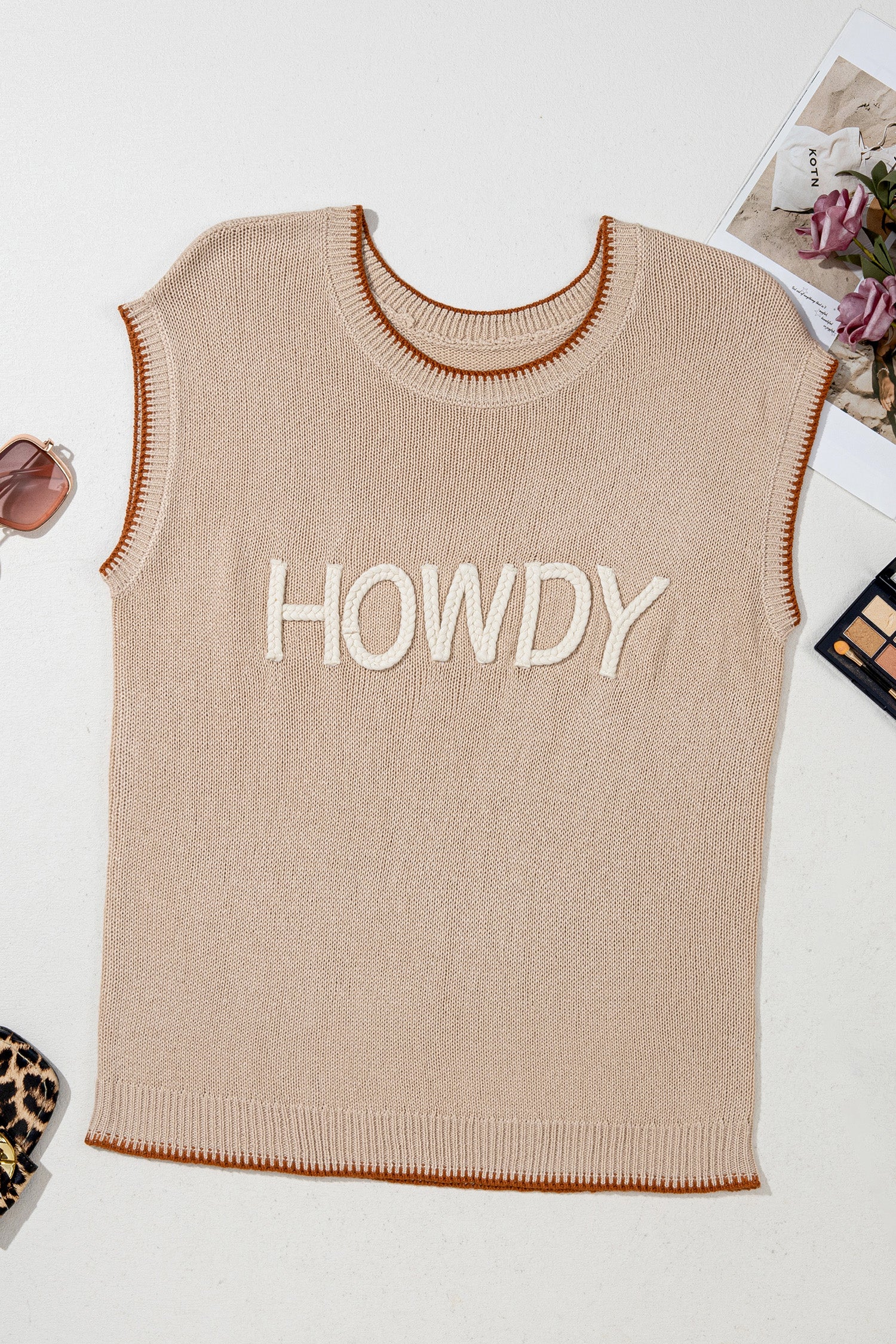 HOWDY Contrast Trim Short Sleeve Western Knit Sweater