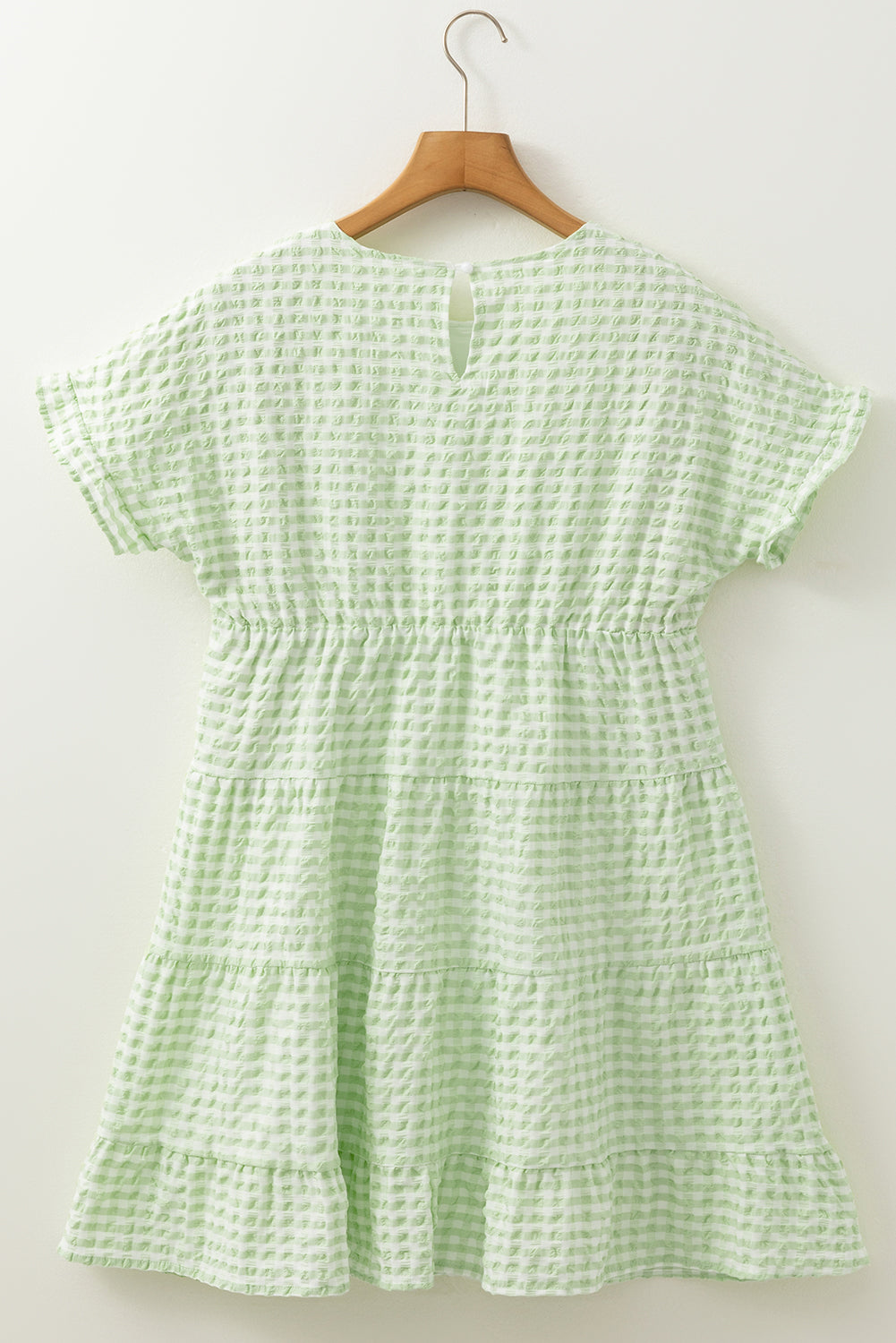 Green Stripe Textured Tiered Short Sleeve Loose Mini Dress eAura