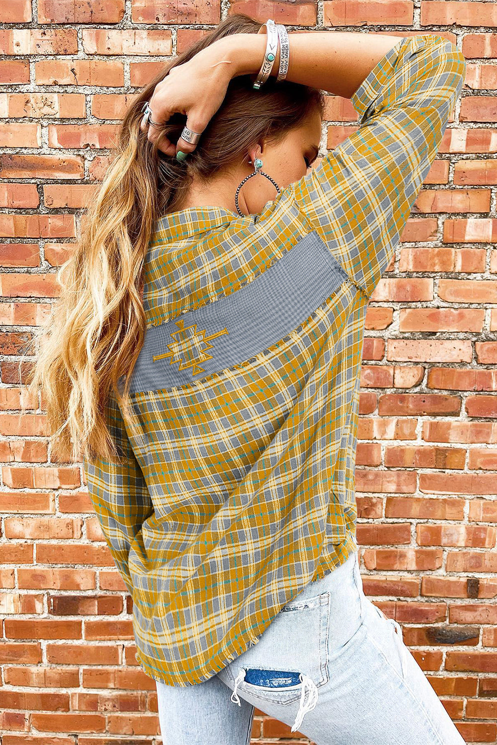 Ginger Plaid Embroidery Patch Button-Down Shacket eAura