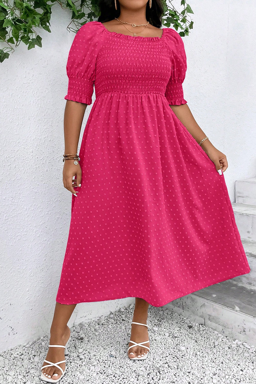 Pink Swiss Dot Smocked Ruflled Neckline Short Sleeve Plus Size Dress BB Fashion Outlet