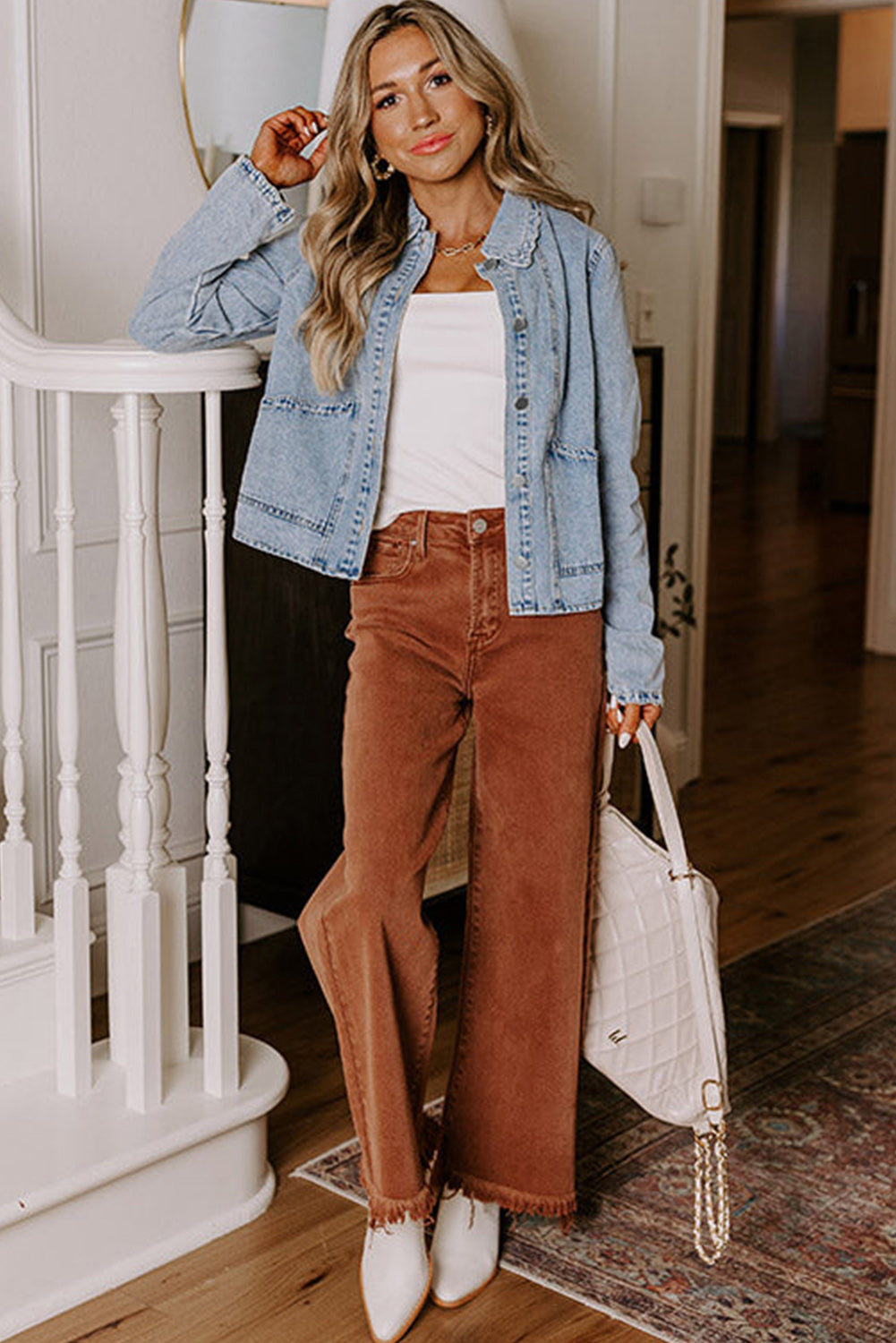 Scallop Trim Collar Patched Pocket Button Up Denim Jacket eAura