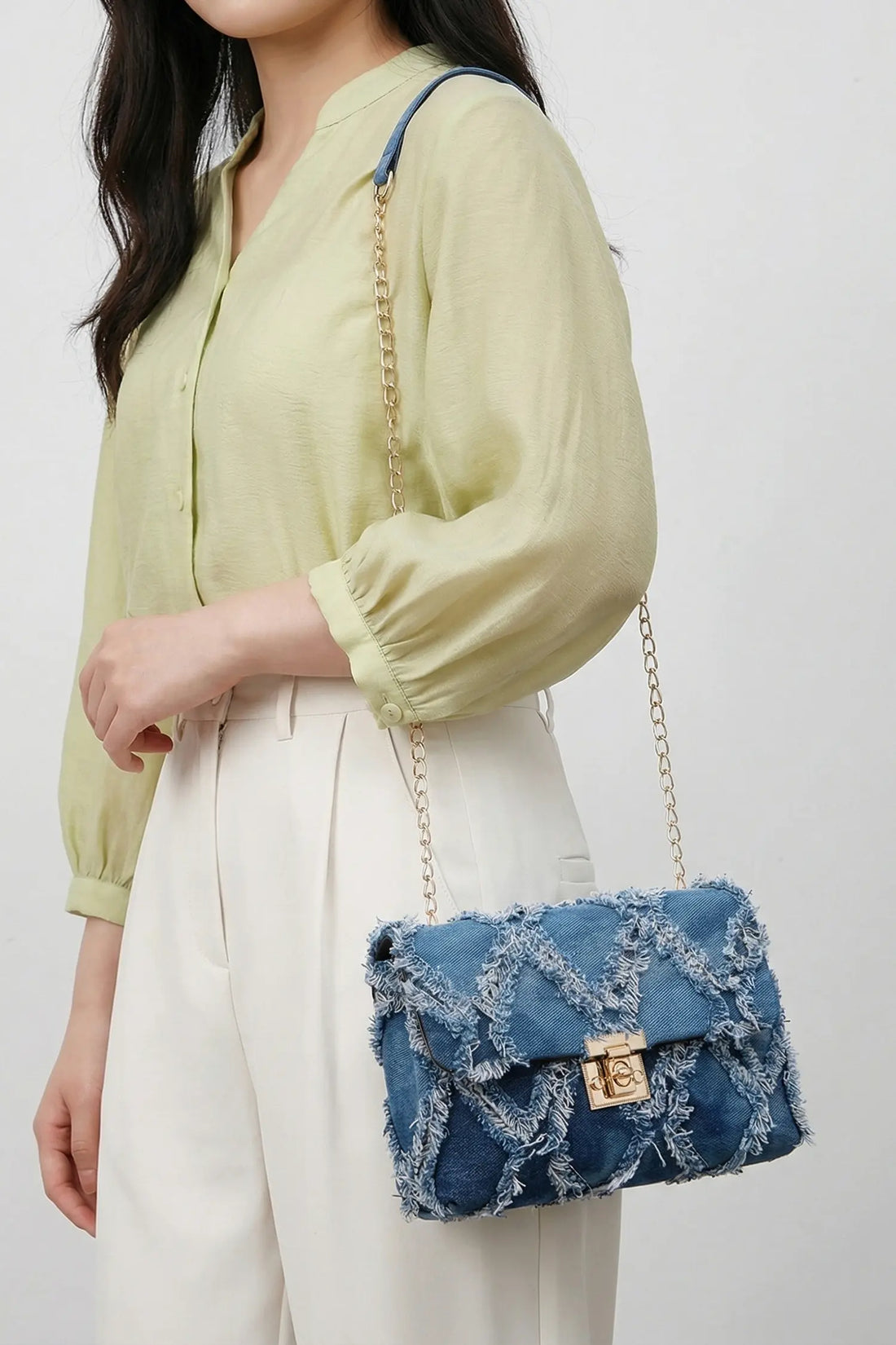 Distressed Lattice Denim Chain Strap Shoulder Bag
