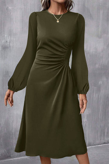 Solid Color Ruched Detail Long Sleeve Midi Dress – Jungle Green