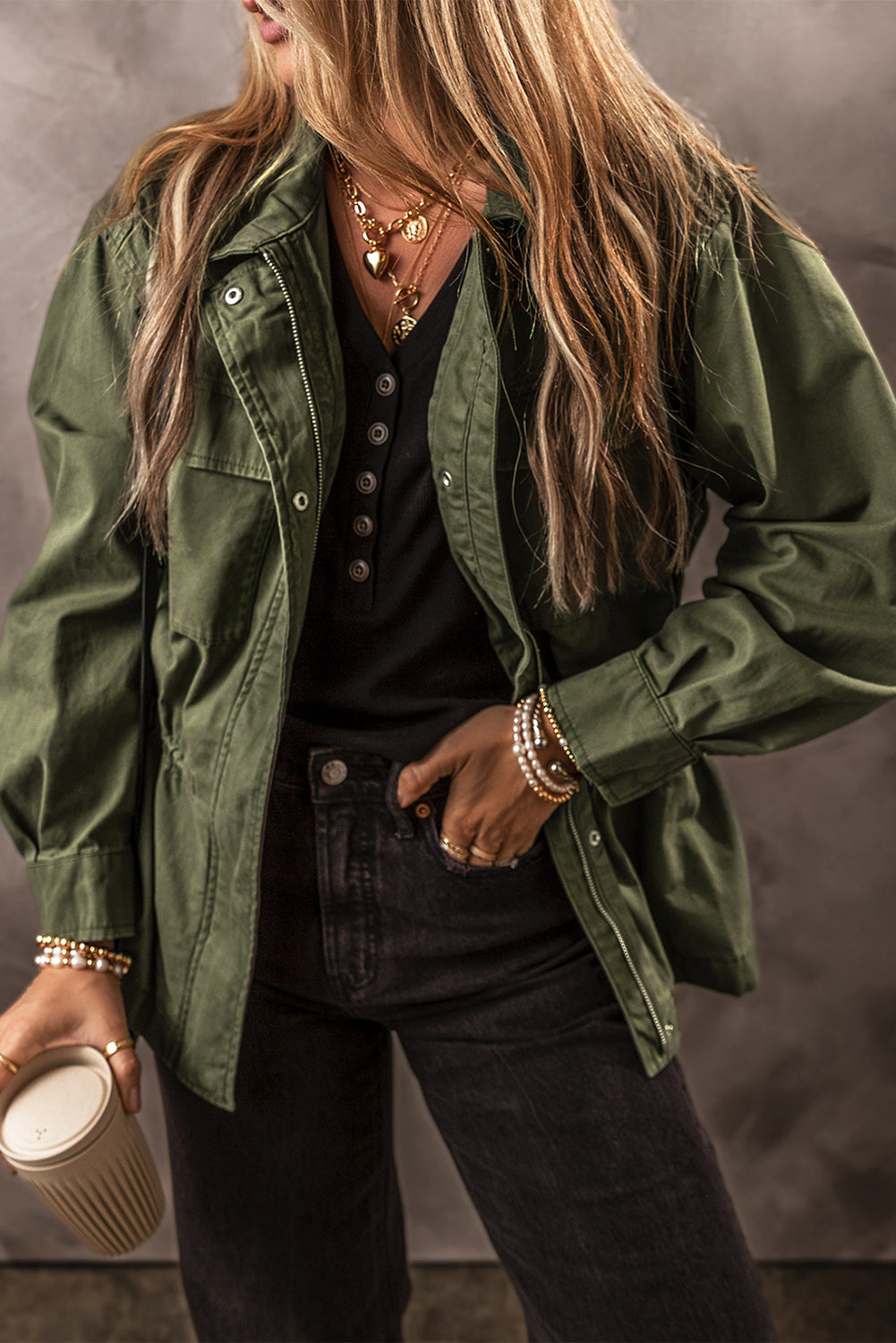 Moss Green Snap Button Zipper Tight Waist Collared Jacket eAura