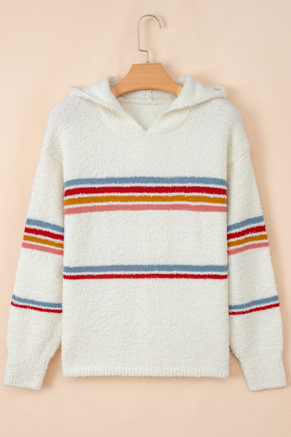 White Multicolored Striped Accent Hooded Popcorn Sweater - eAura
