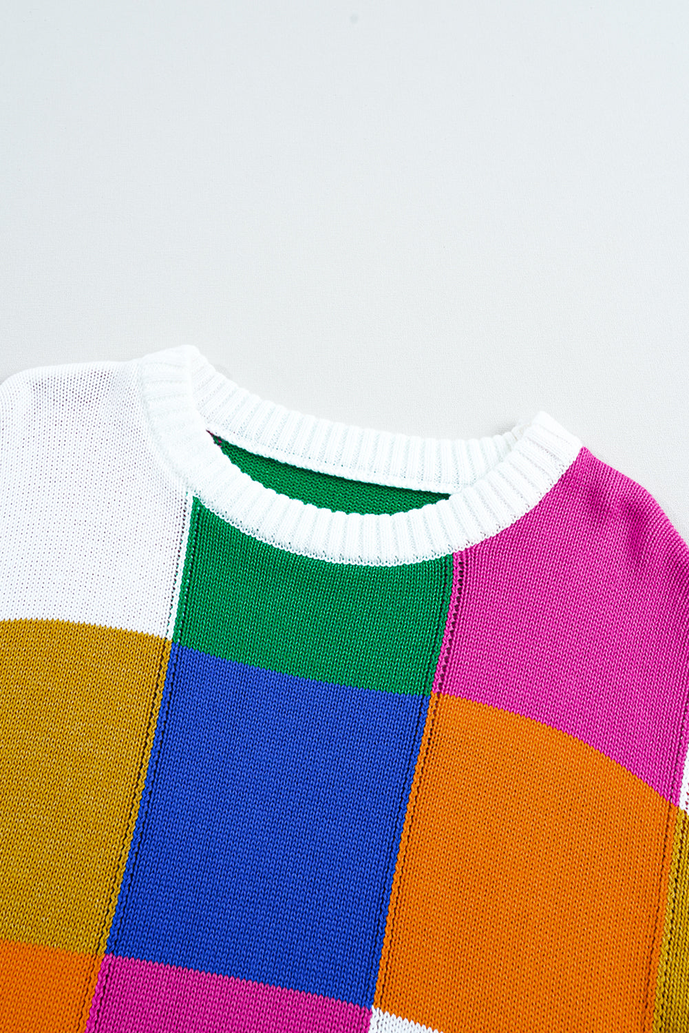 Orange Checkered Colour Block Round Neck Loose Sweater eAura