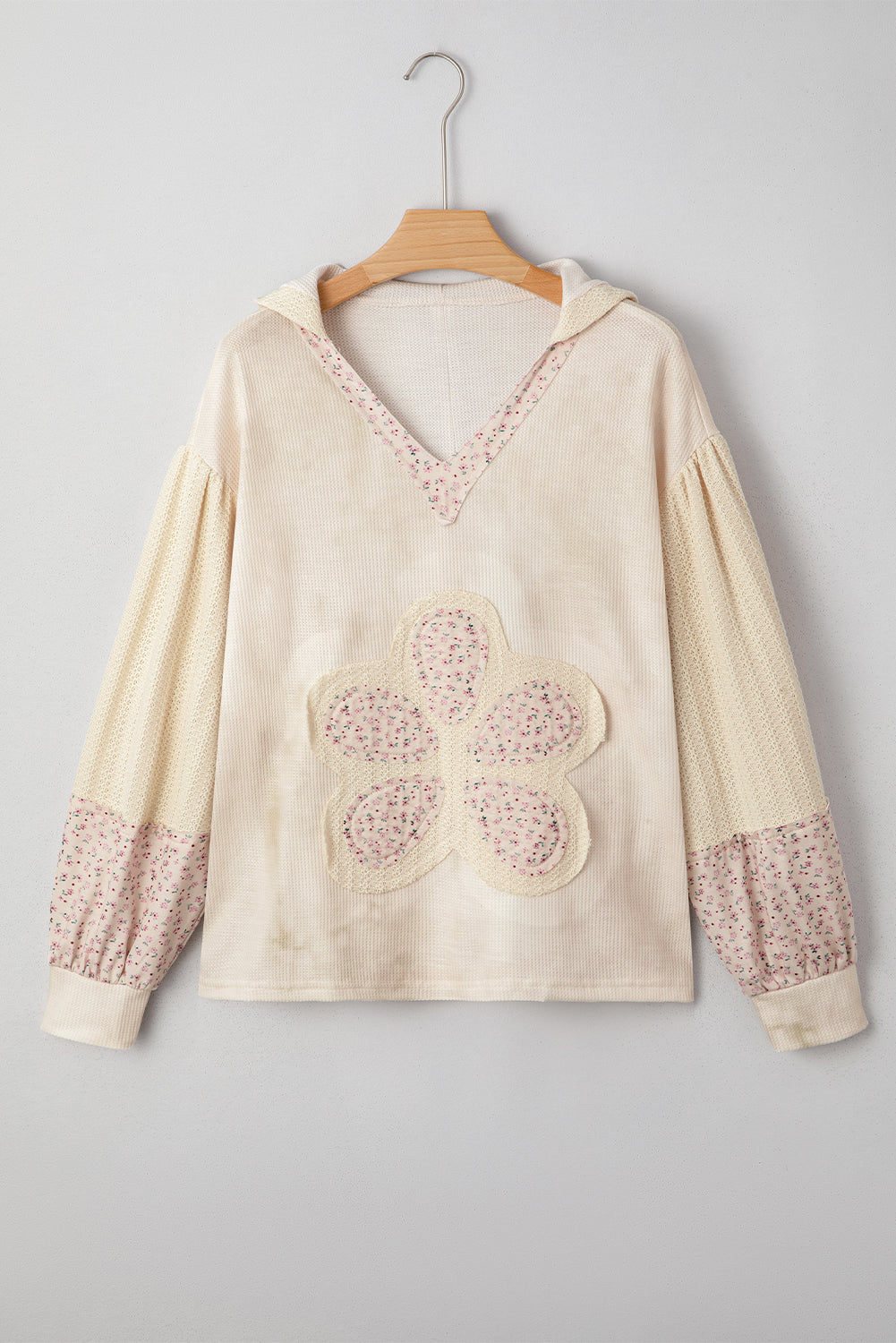 Floral Patched Waffle Textured V-Neck Casual Hoodie - eAura