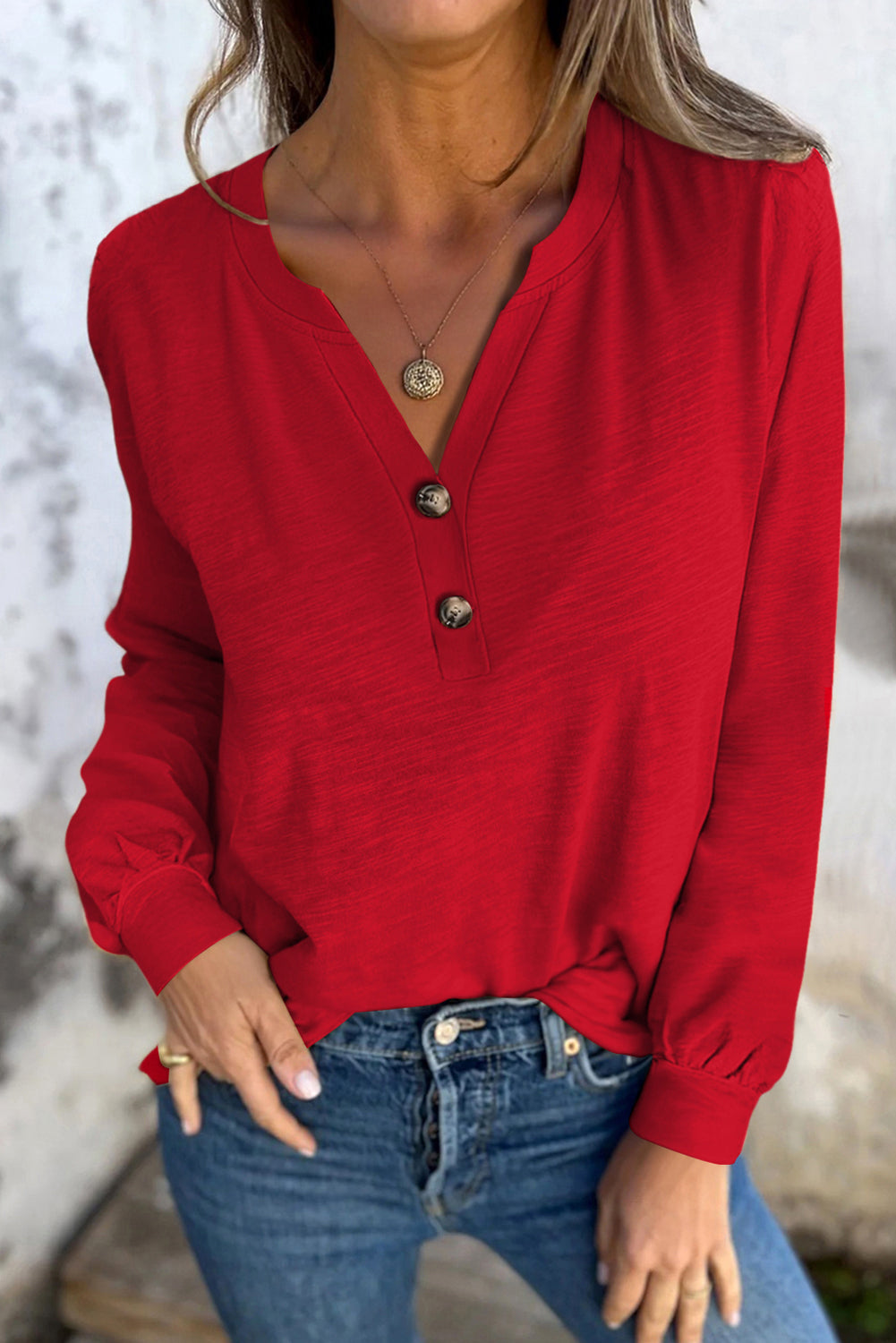 Button V-Neck Long Sleeve Top - eAura