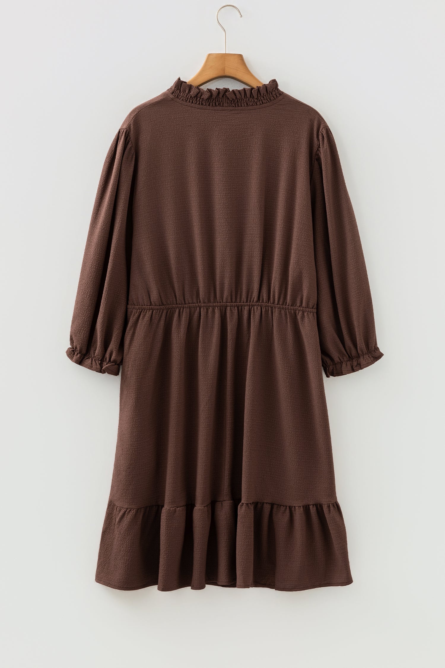 Plus Size Frilled Trim V-Neck Puff Sleeve Textured Mini Dress - eAura