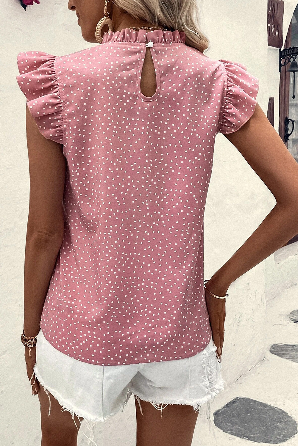 Pink Polka Dots Ruffle Flutter Sleeve Frilled Neck Blouse eAura