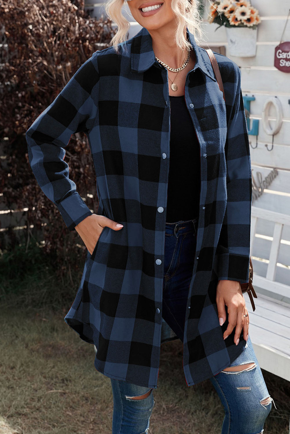 Black Turn-down Collar Plaid Shirt Coat eAura