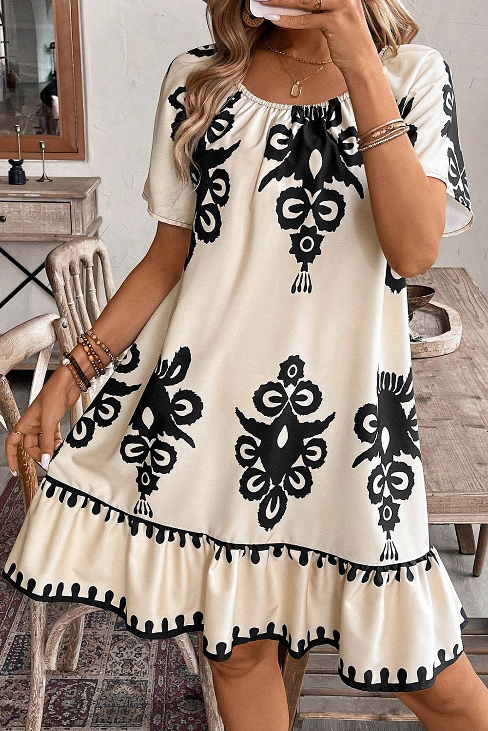 Apricot Western Print Ruffled Short Sleeve Loose Dress eAura