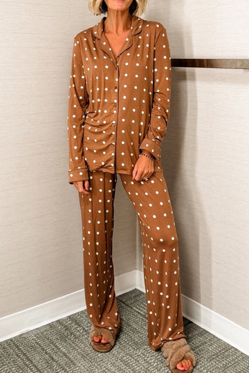 Brown Polka Dot Print Long Sleeve Shirt Pyjama Set - eAura