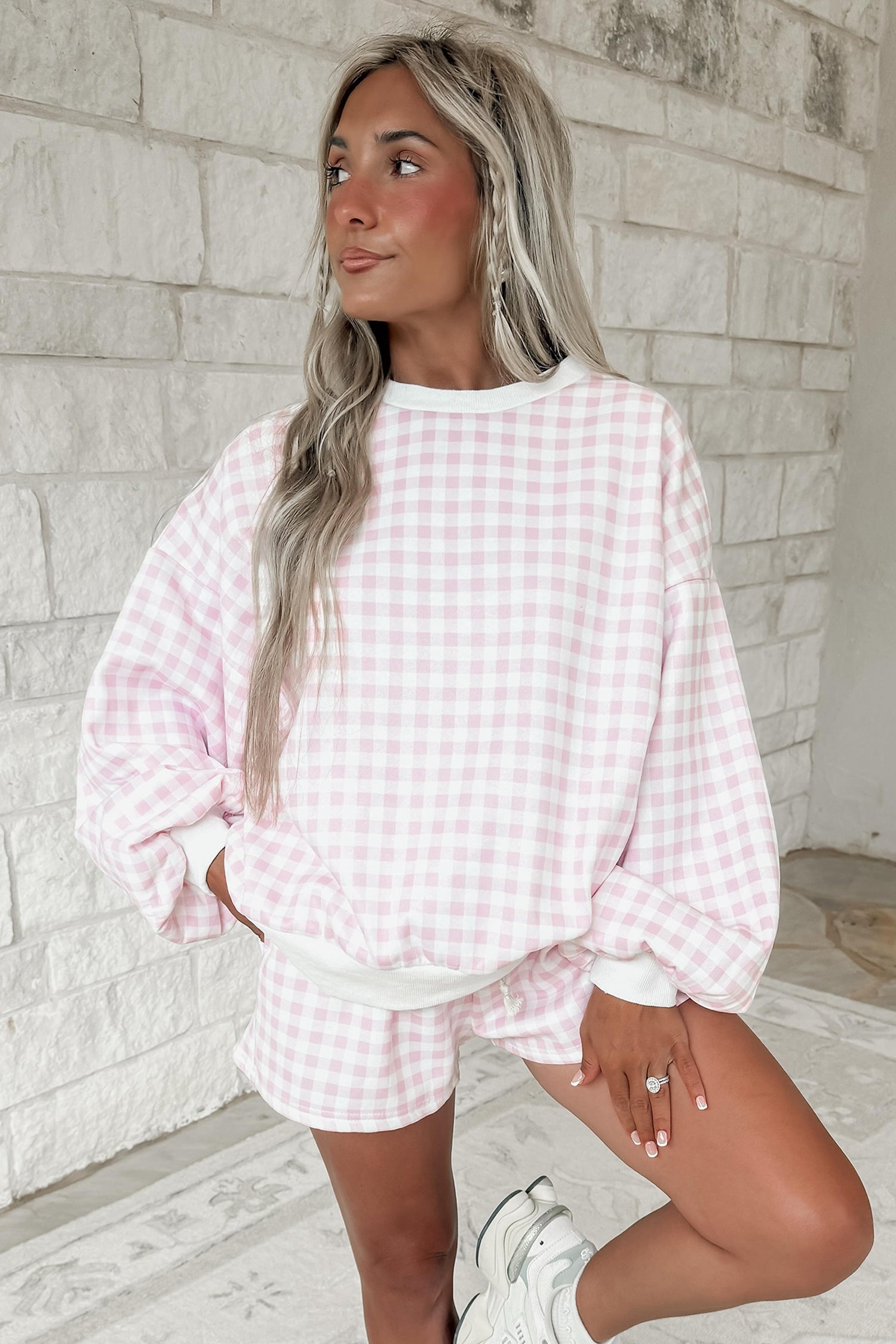 Plaid Baggy Pullover Drawstring Casual Shorts 2pcs Outfit – Pink