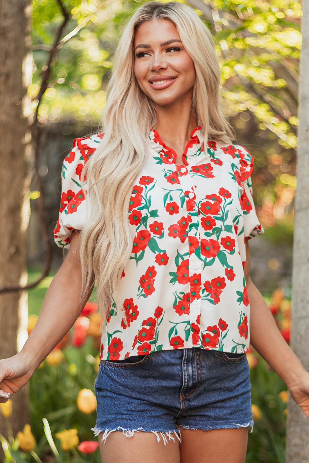 Red Floral Print Ruffled Puff Sleeve Elegant Summer Shirt eAura