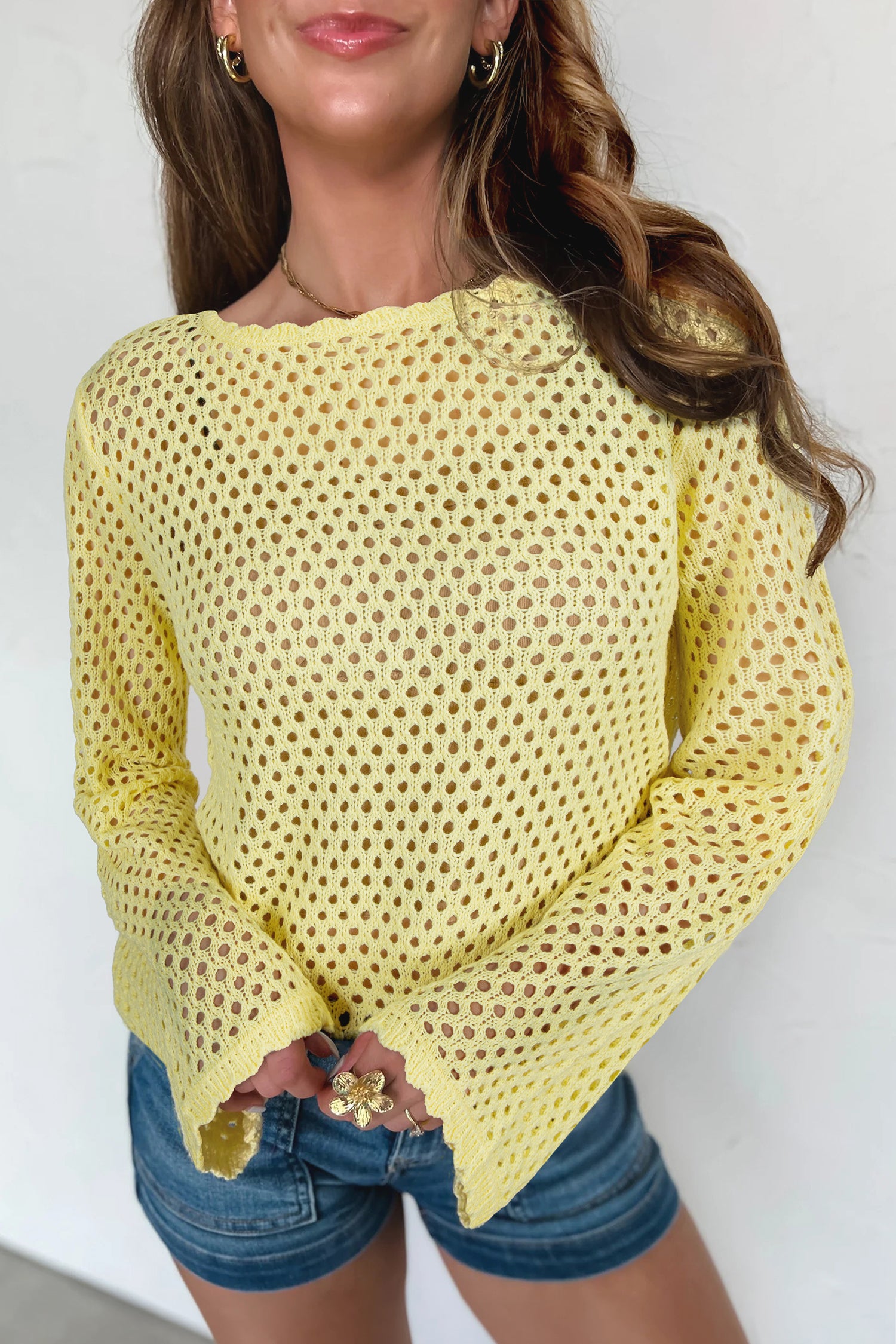 Scalloped Trim Hollow Out Knit Long Sleeve Top – Yellow Cream