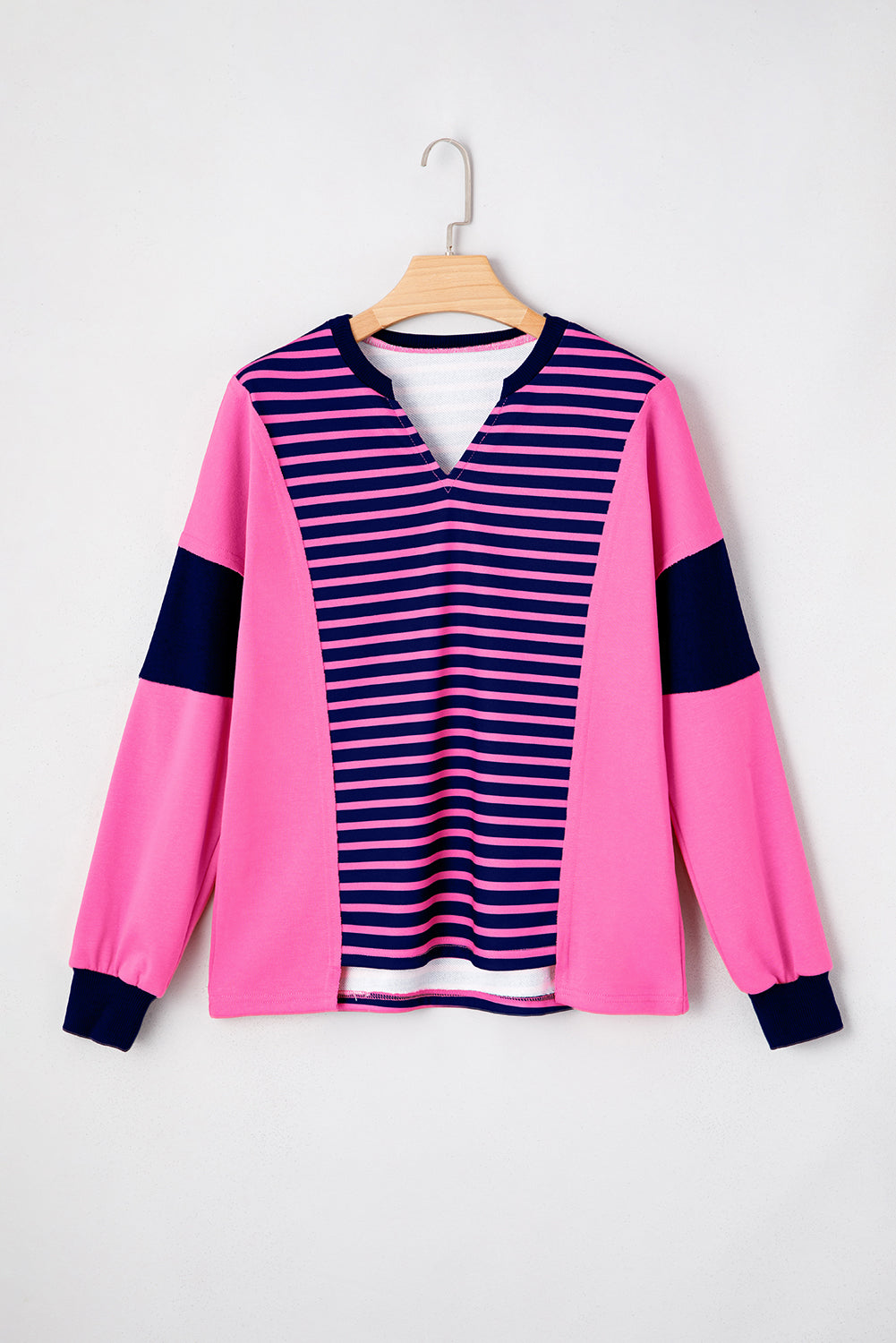 Pink Stripe V-Neck Loose Fit Long Sleeve Top - eAura