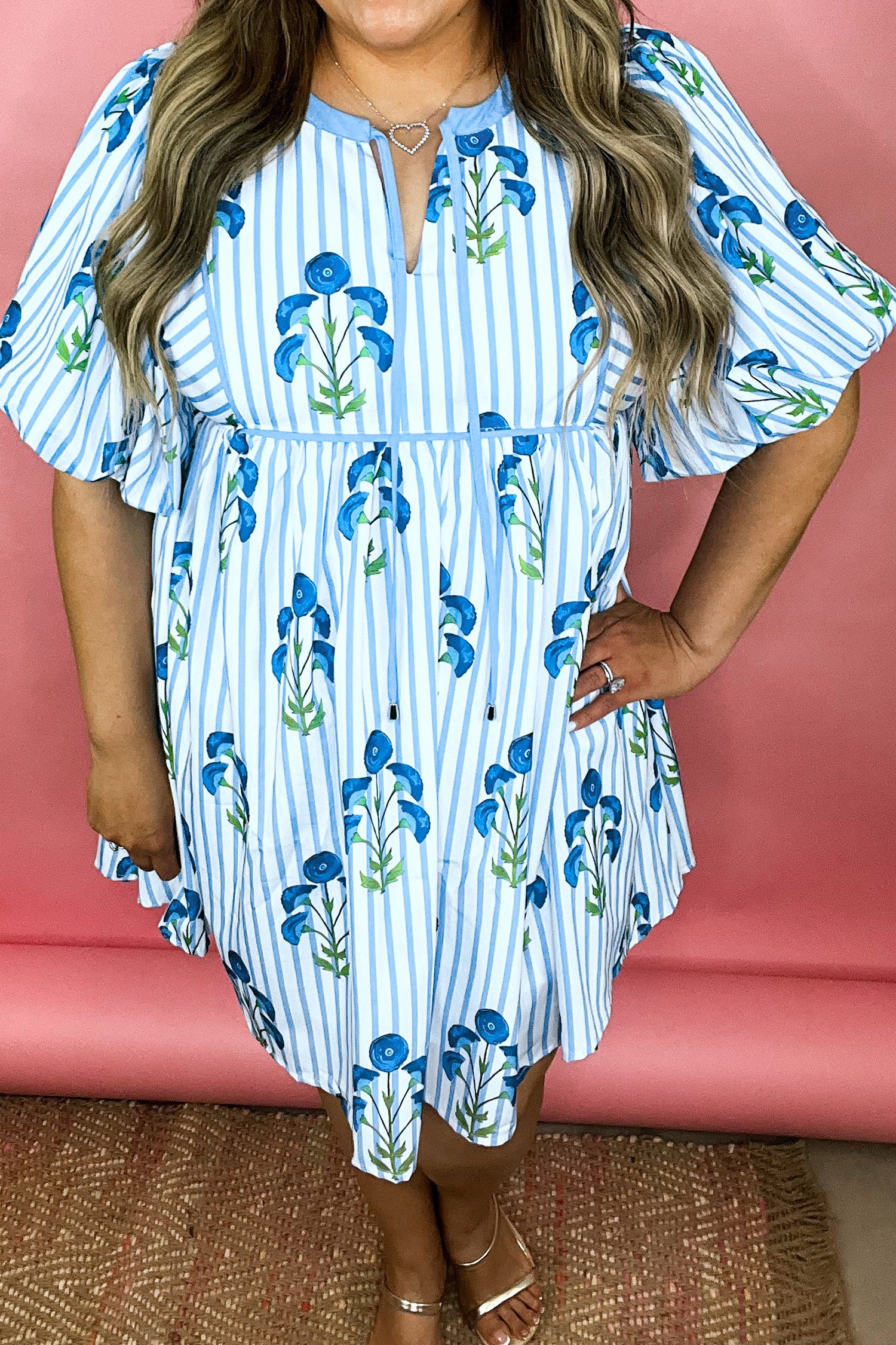 Floral Striped Bubble Short Sleeve Plus Size Dress