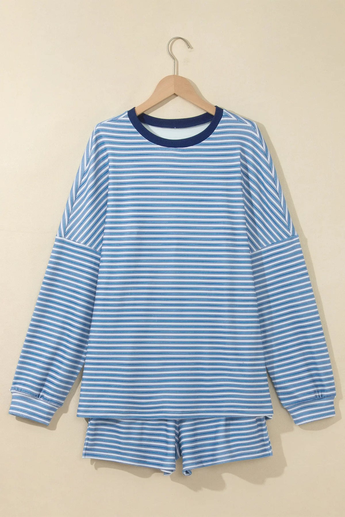 Long Sleeve Oversized Top Pocketed Casual Shorts Two Piece Set – Sky Blue Stripe