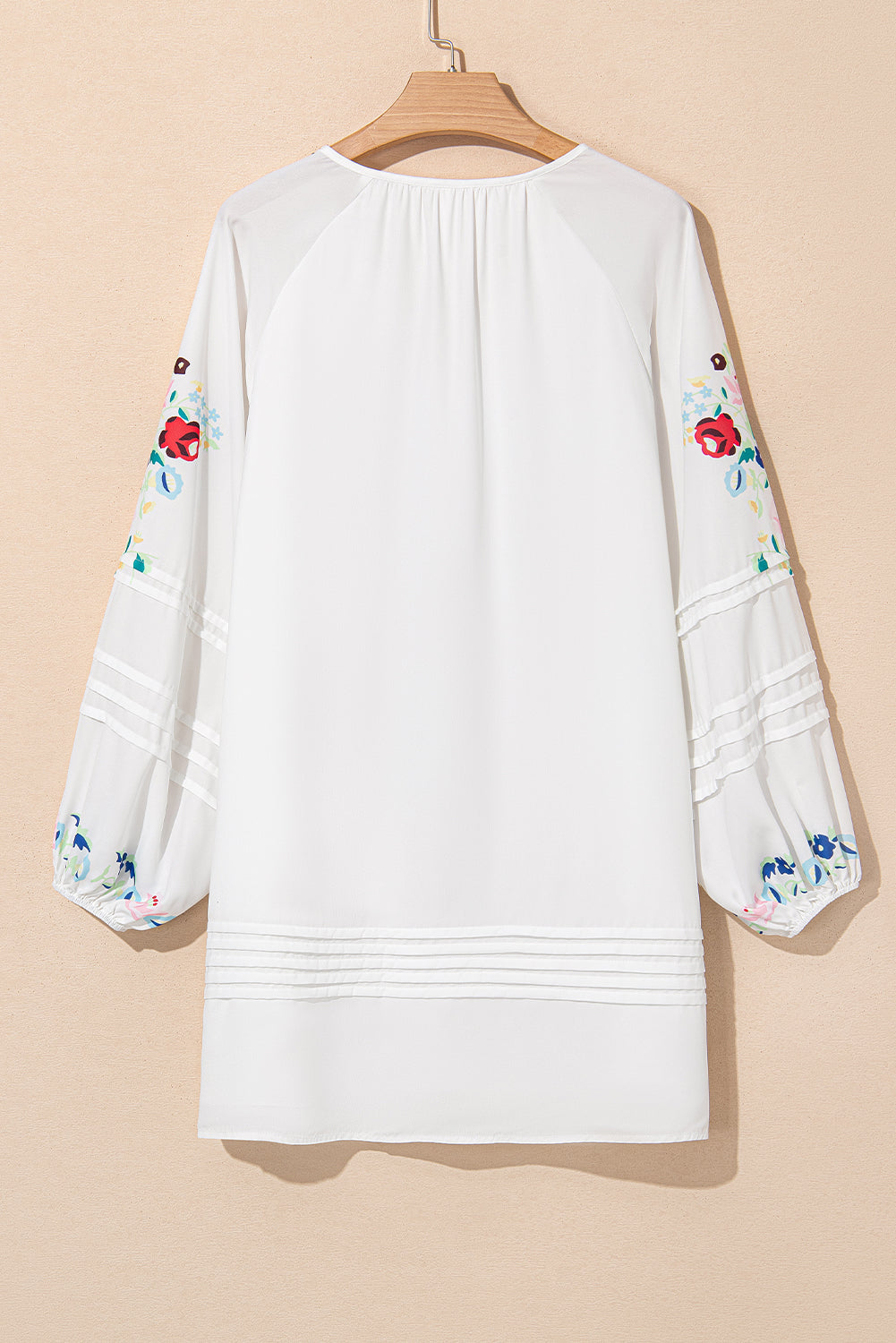 White Floral Print Boho Tassel Tie Split Neck Tucking Detail Puff Sleeve Mini Dress eAura