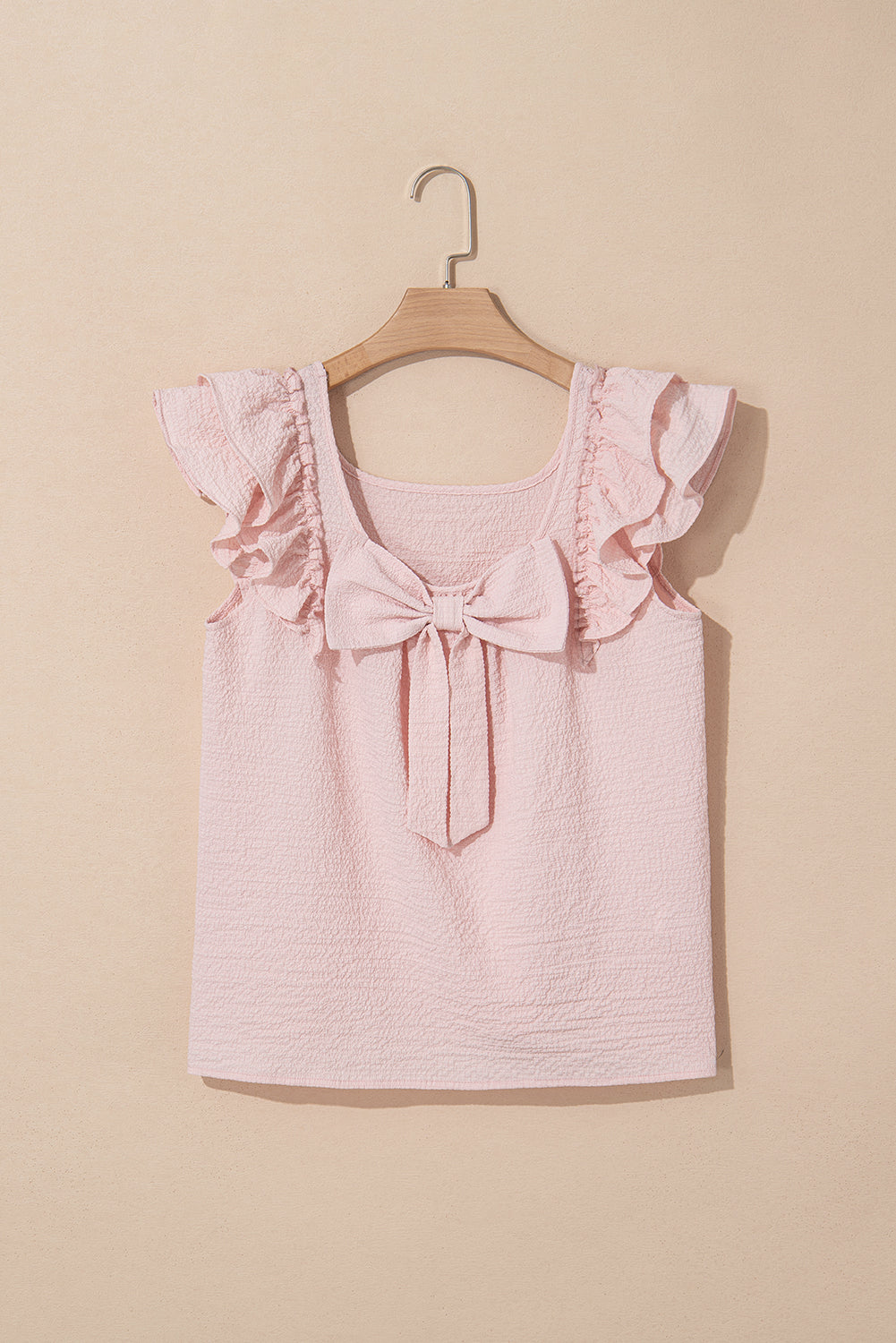 Gossamer Pink Textured Bow Knot Frilled Butterfly Sleeve Blouse eAura