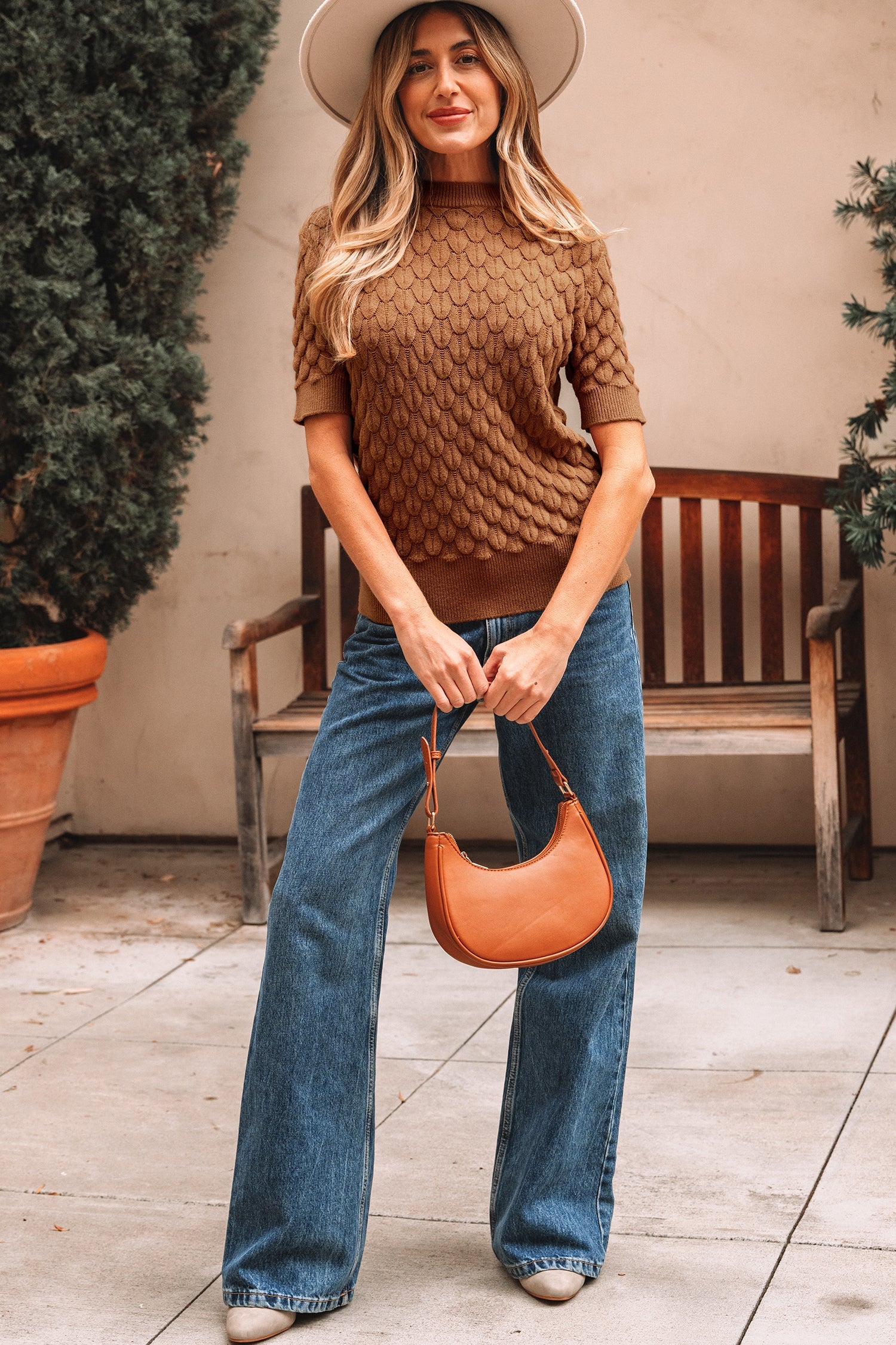 Fish Scale Textured Knit Ribbed High Neck Short Sleeve Sweater - eAura