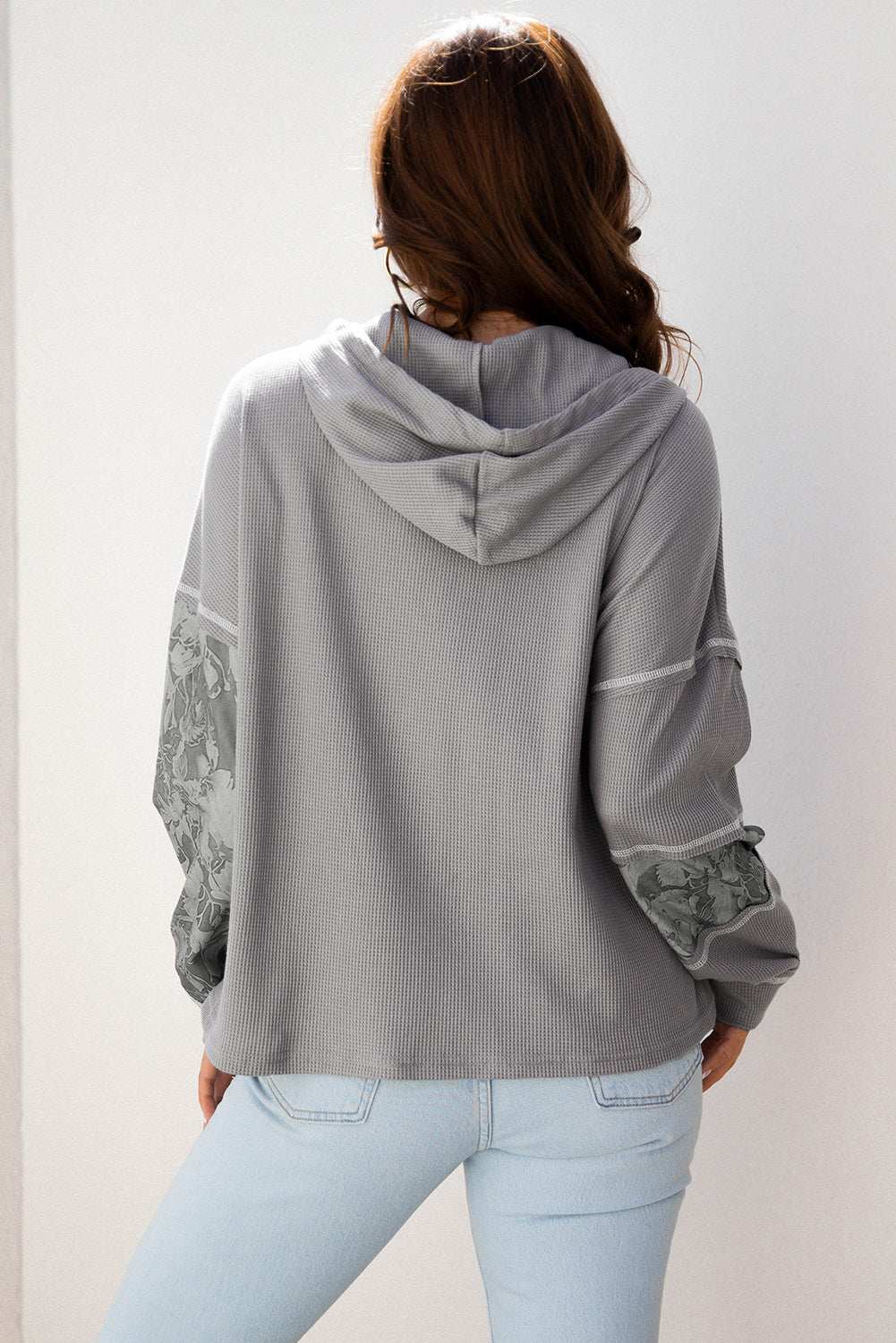 Waffle Patchwork Drawstring Hooded Long Sleeve Top - eAura