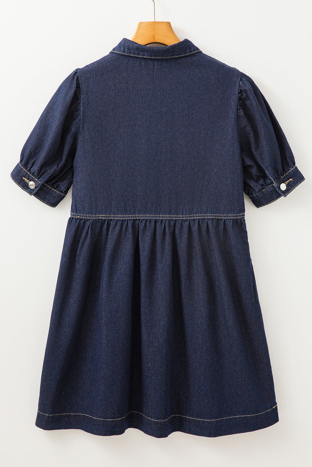 Dirty blue Zipped up Bodice Collared Short Puff Sleeve Denim Dress eAura