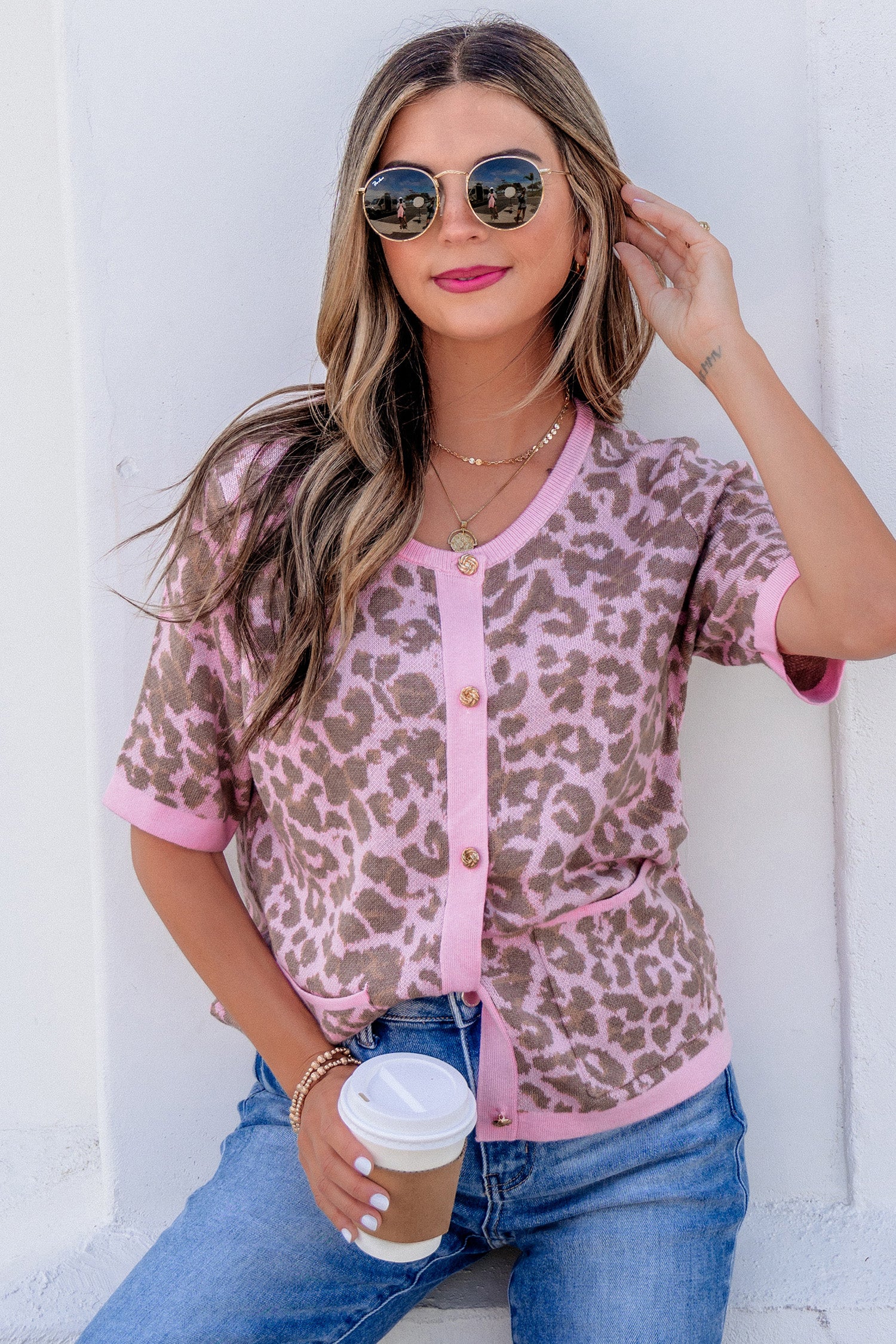 Leopard Button Down Short Sleeve Sweater Cardigan – Pink