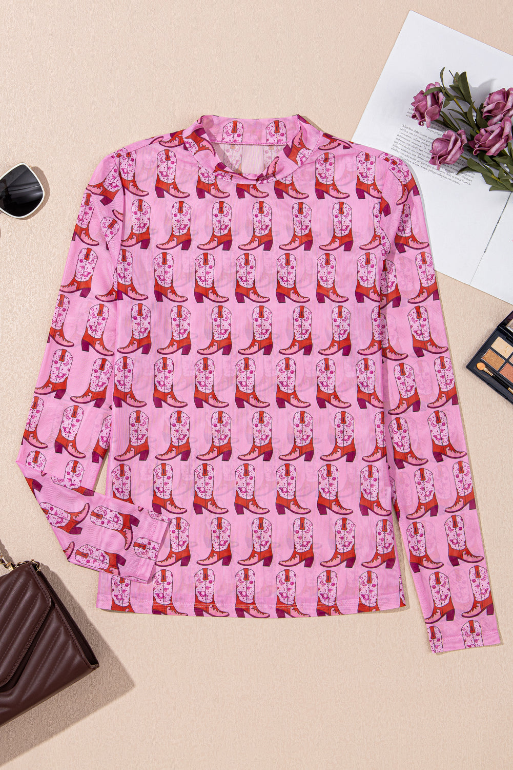 Pink Cowgirl Boots Printed Mock Neck Long Sleeve Mesh Top eAura