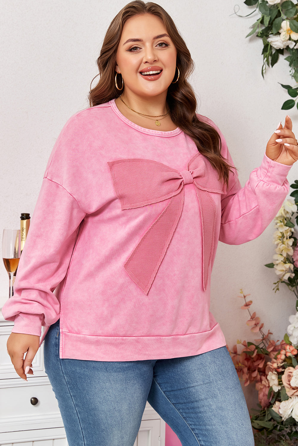 Bonbon Waffle Bowknot Patchwork Graphic Mineral Wash Plus Size Sweatshirt eAura