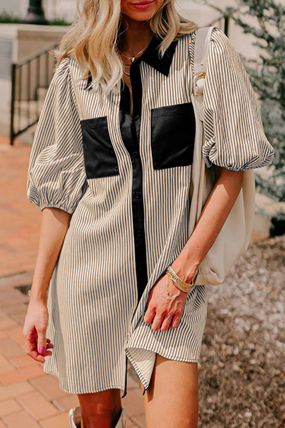 Striped Colour Block Patchwork Shirt Collar Button Down Puff Sleeve Mini Dress