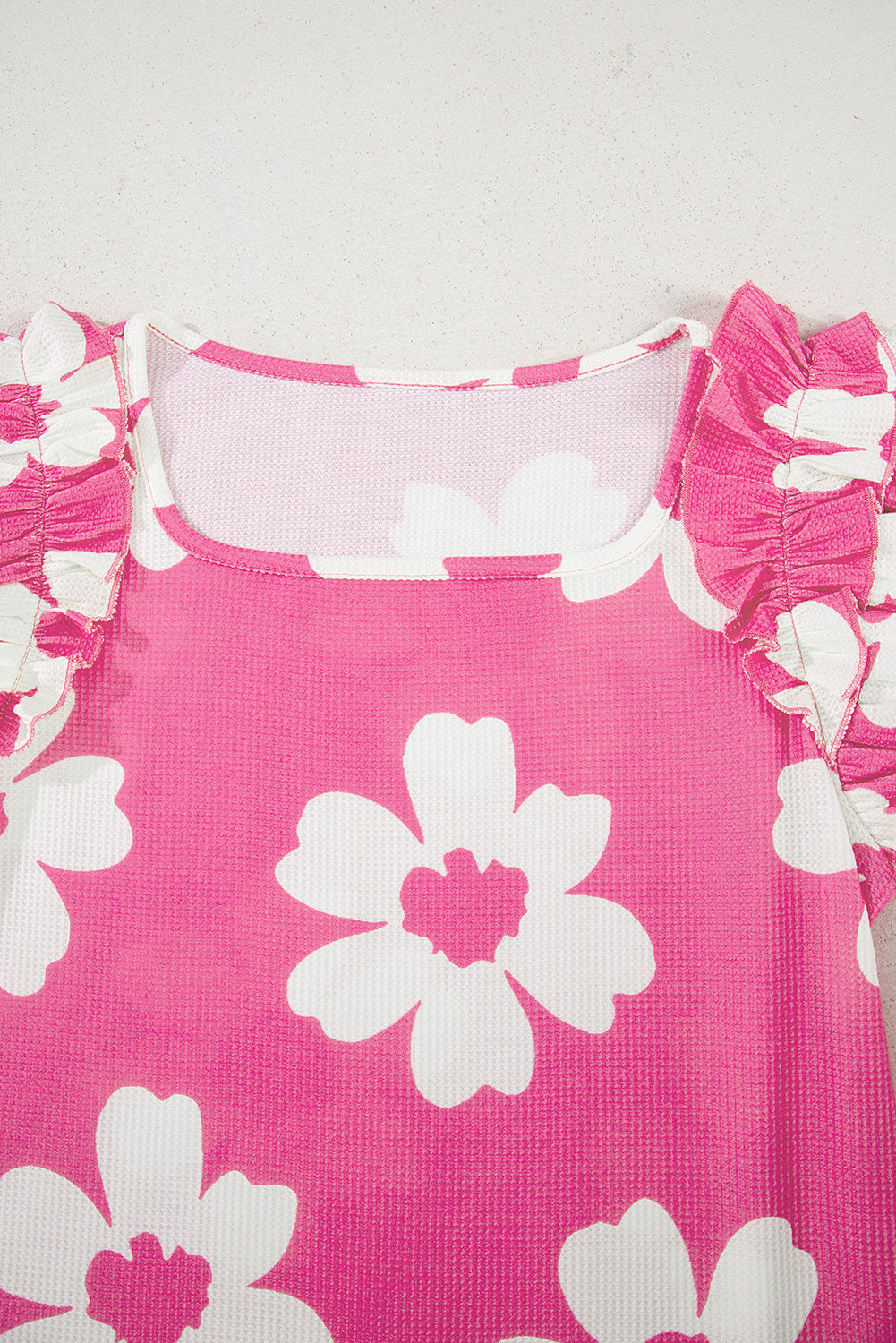 Floral Textured Ruffled Short Sleeve Square Neck Blouse eAura
