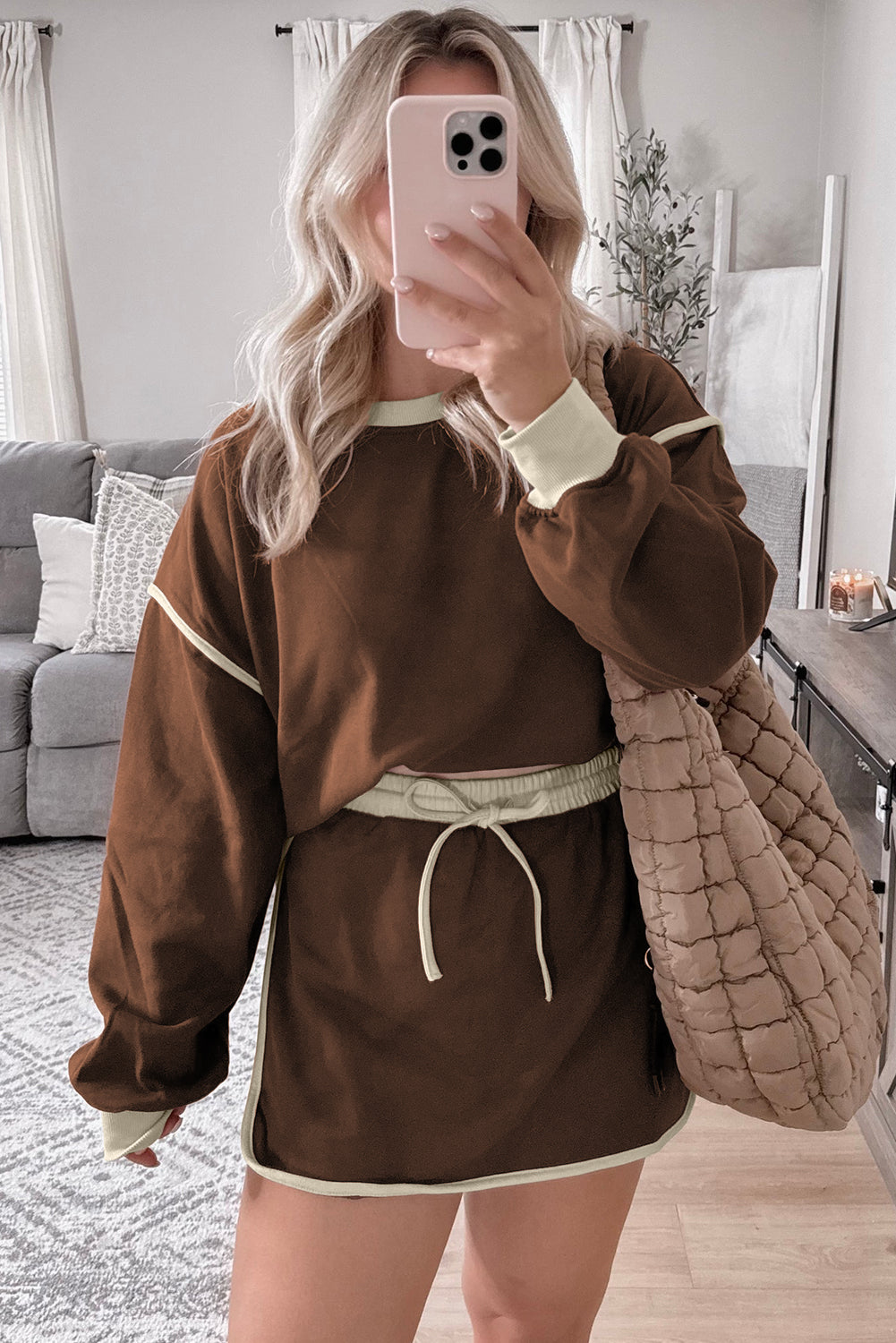Coffee Colour Contrast Loose Pullover and Lace-up Waist Skort Set eAura