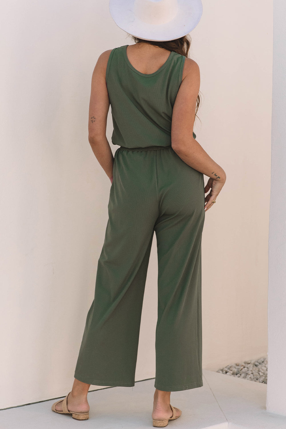 Vineyard Green Buttoned Drawstring Waist Sleeveless Wide Leg Jumpsuit eAura