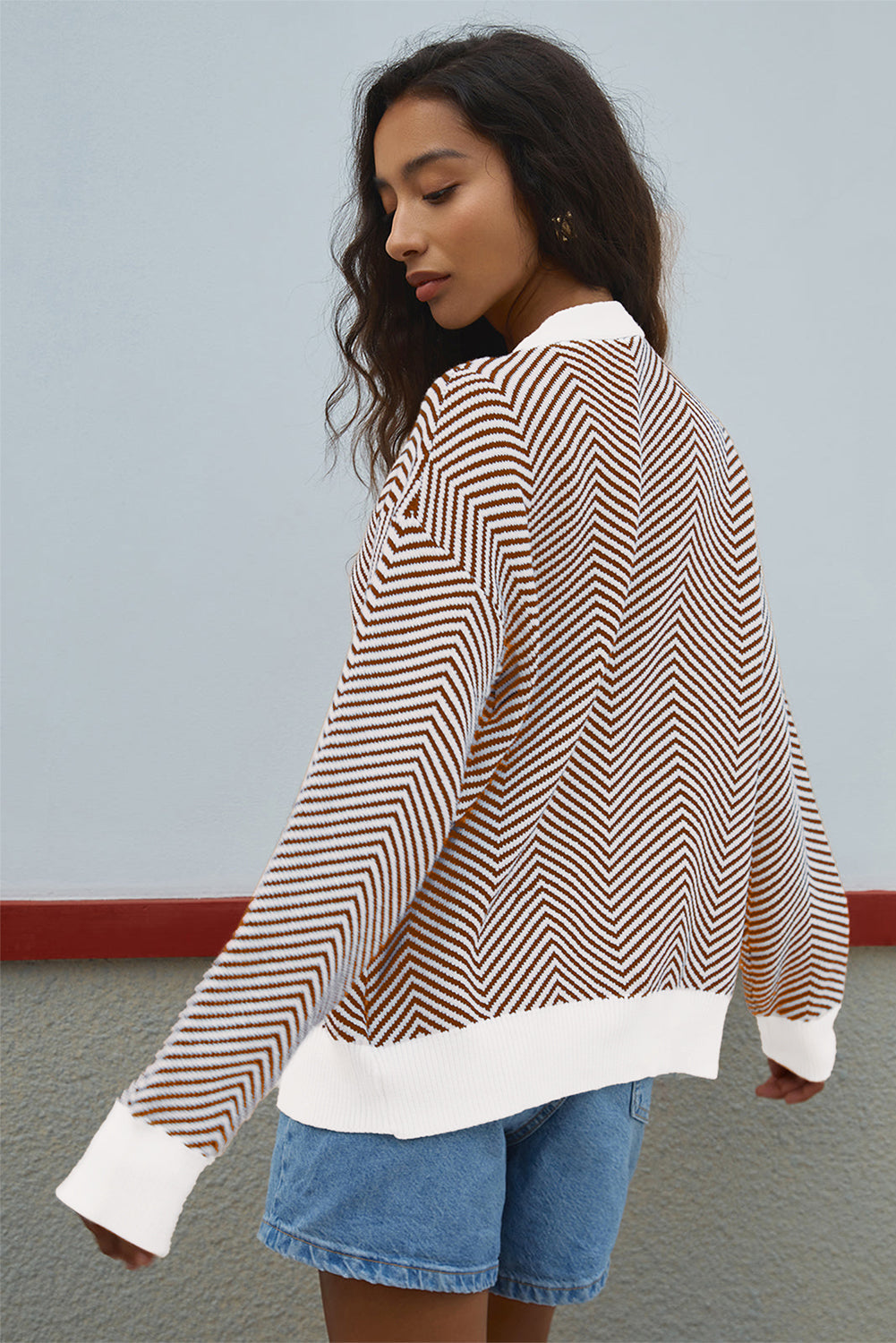 Brown Stripe Buttoned Front V Neck Herringbone Cardigan Dear-Lover Dropshipping