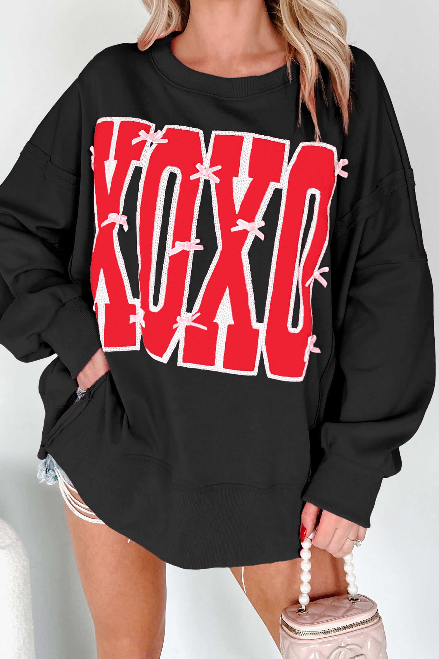 Sequin XOXO Letter Graphic Exposed Seam Oversized Sweatshirt - Black / S - Tops/Sweatshirts & Hoodies