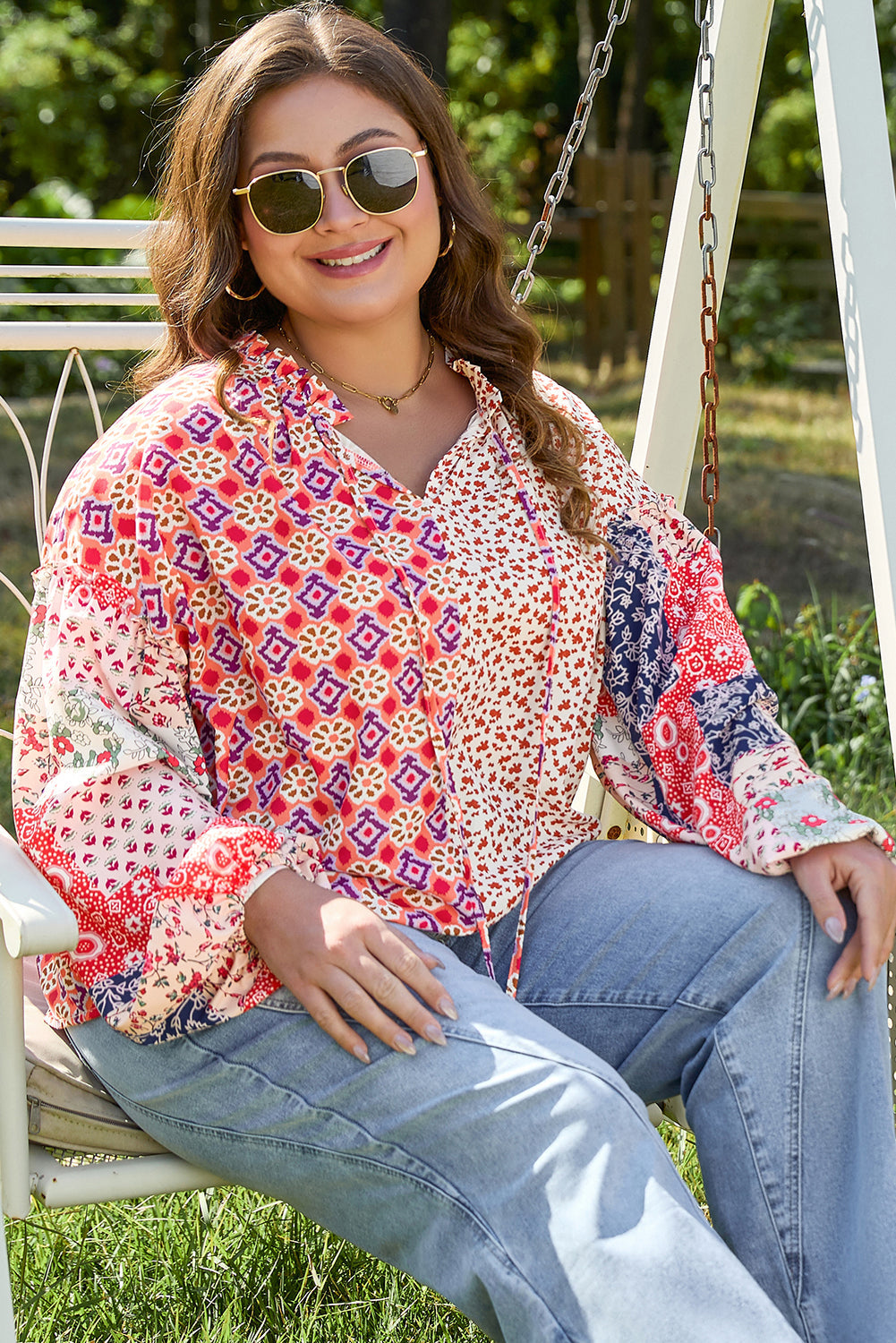 Orange Floral Geometric Patchwork Lace-up Crewneck Plus Size Blouse BB Fashion Outlet