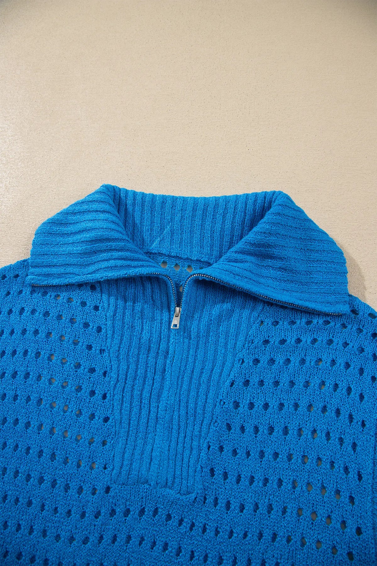 Sky Blue Solid Colour Hollowed Knit Short Sleeve Zipper Collar Knitwear Top – Light Blue