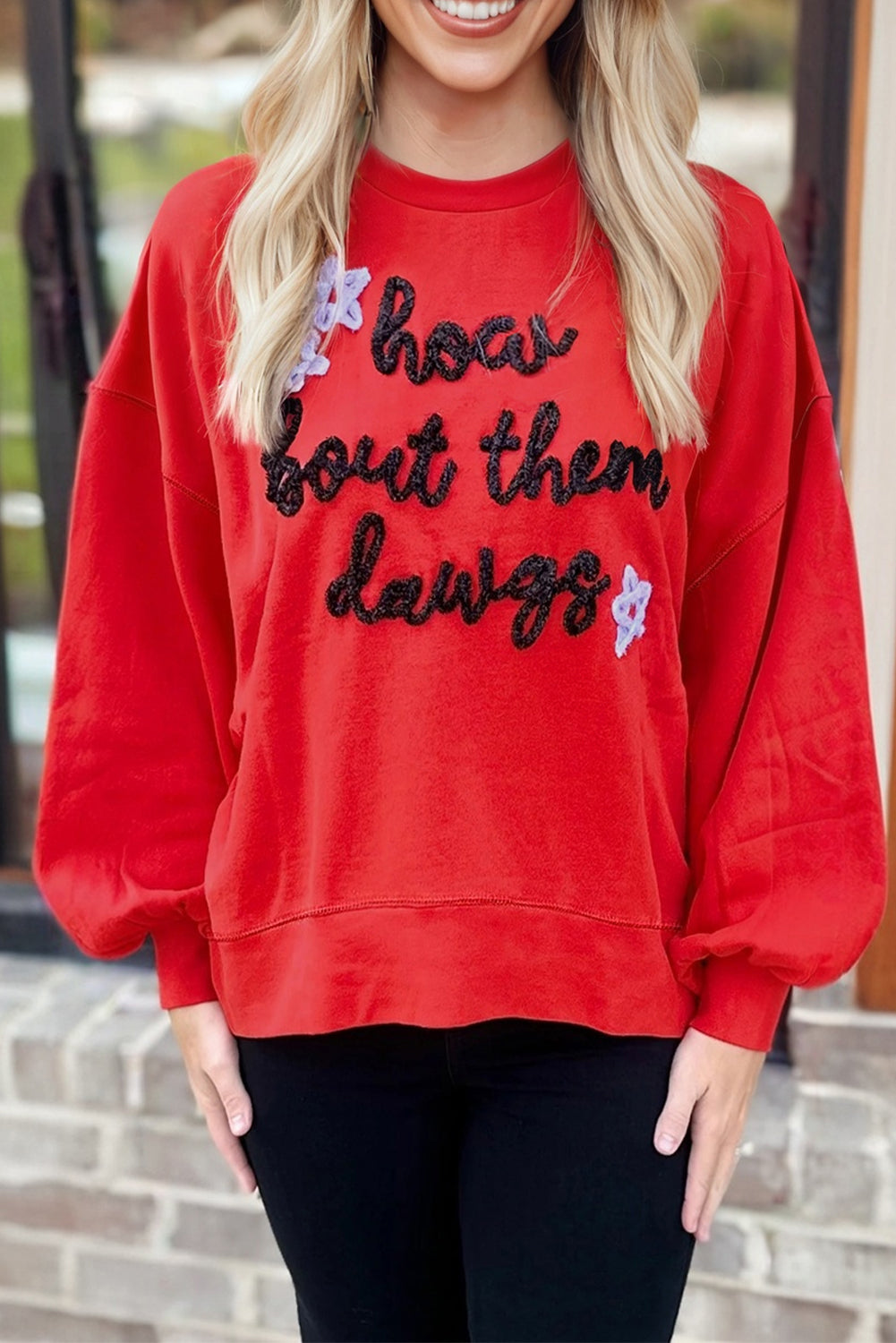 Fiery Red How Bout Them Dawgs Embroidered Script Balloon Sleeve Sweatshirt eAura