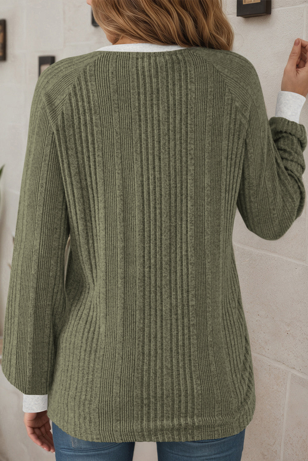 Ribbed Contrast Cuffed Round Neck Long Sleeve T Shirt - eAura