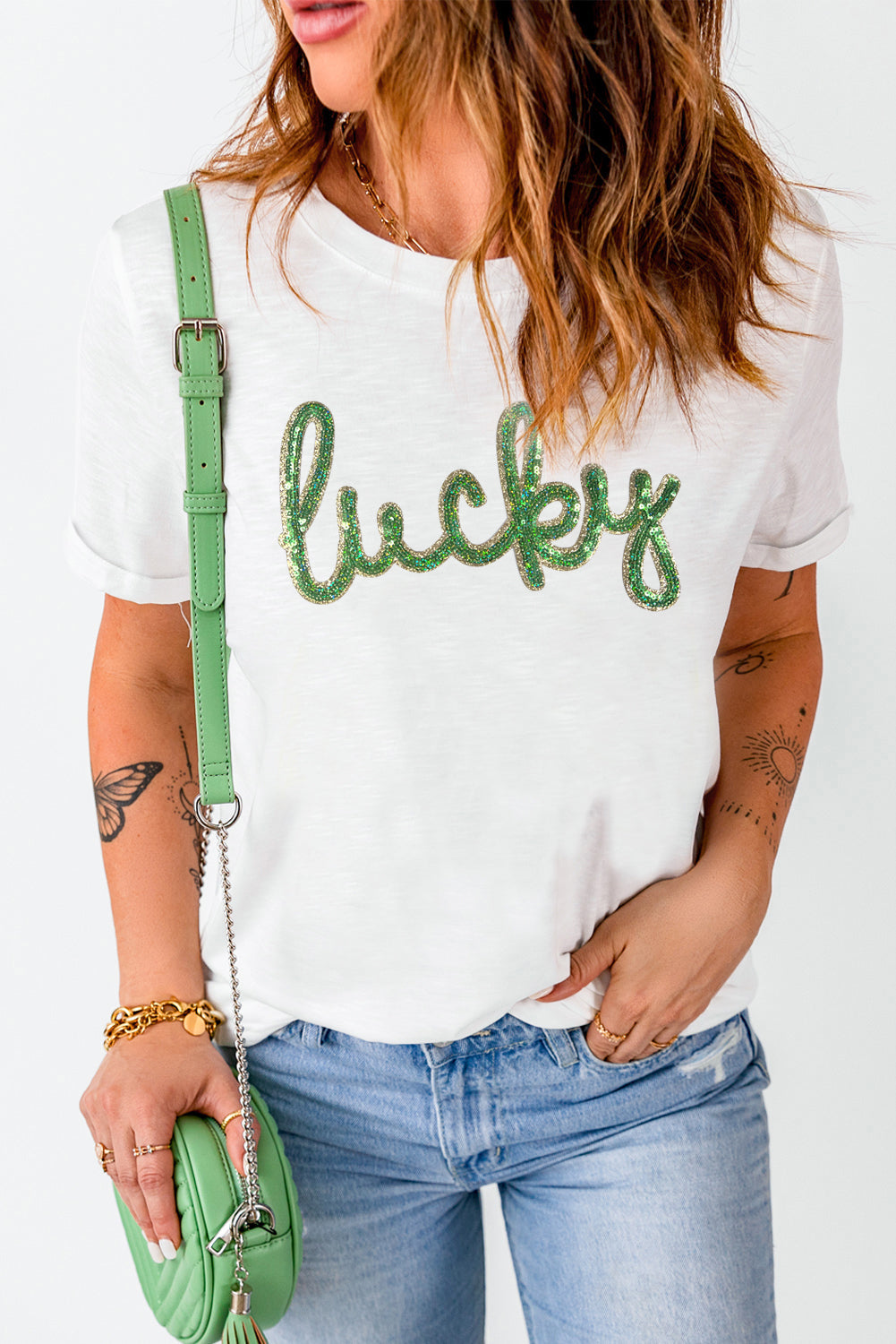 White Sequined Lucky St.Patricks Day Graphic Tee eAura