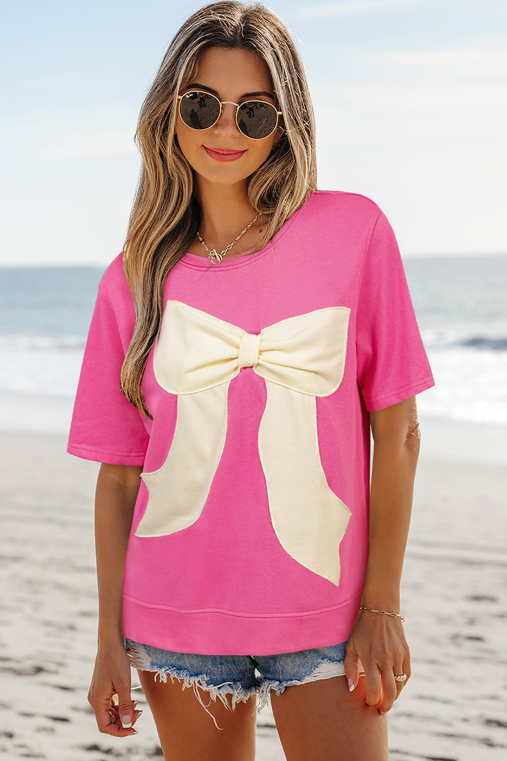 Strawberry Pink Contrasting Colour Ribbon Bow Front Patch Loose Tee with Slits eAura