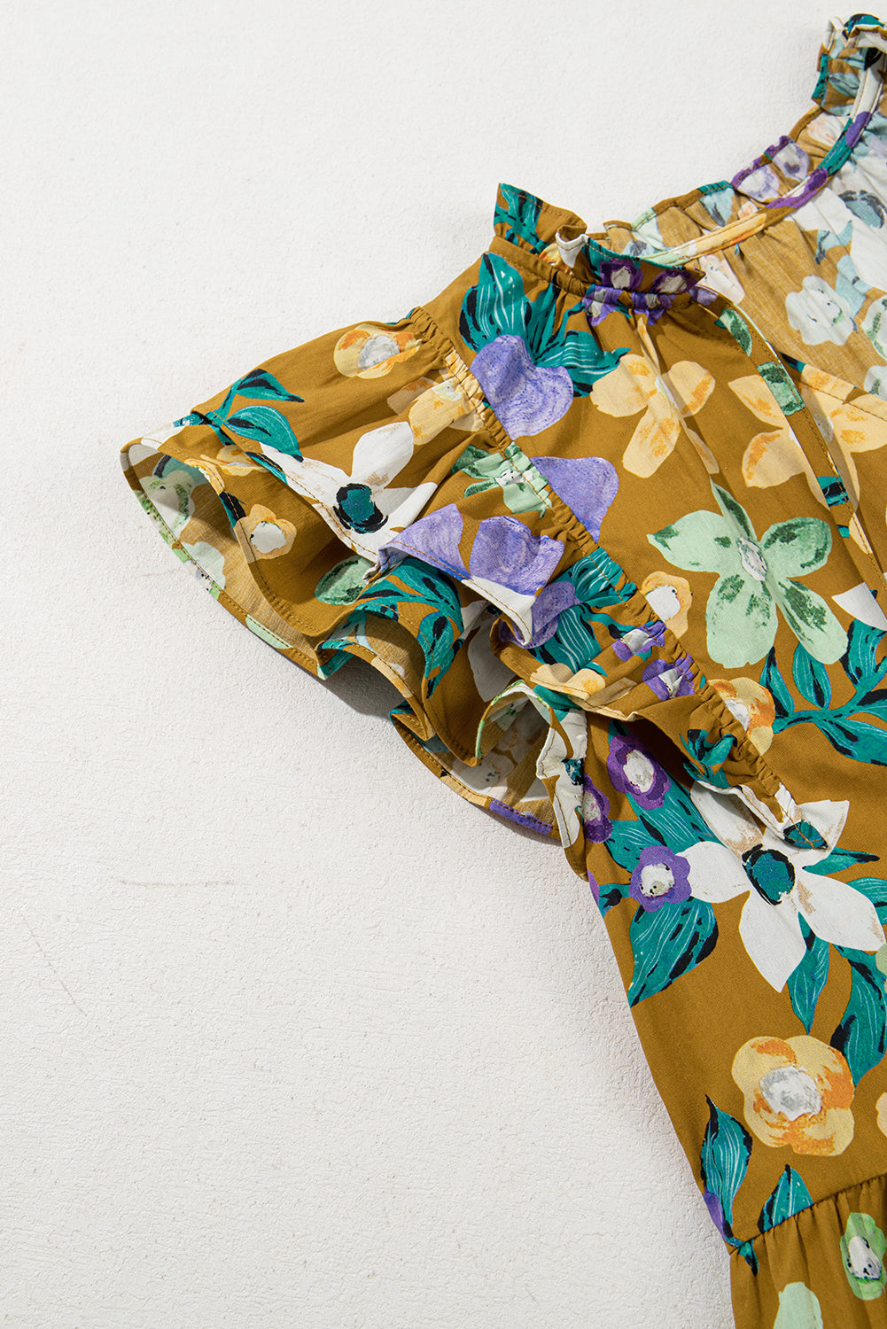 Floral Print Tiered Flutter Sleeve V Neck Top eAura