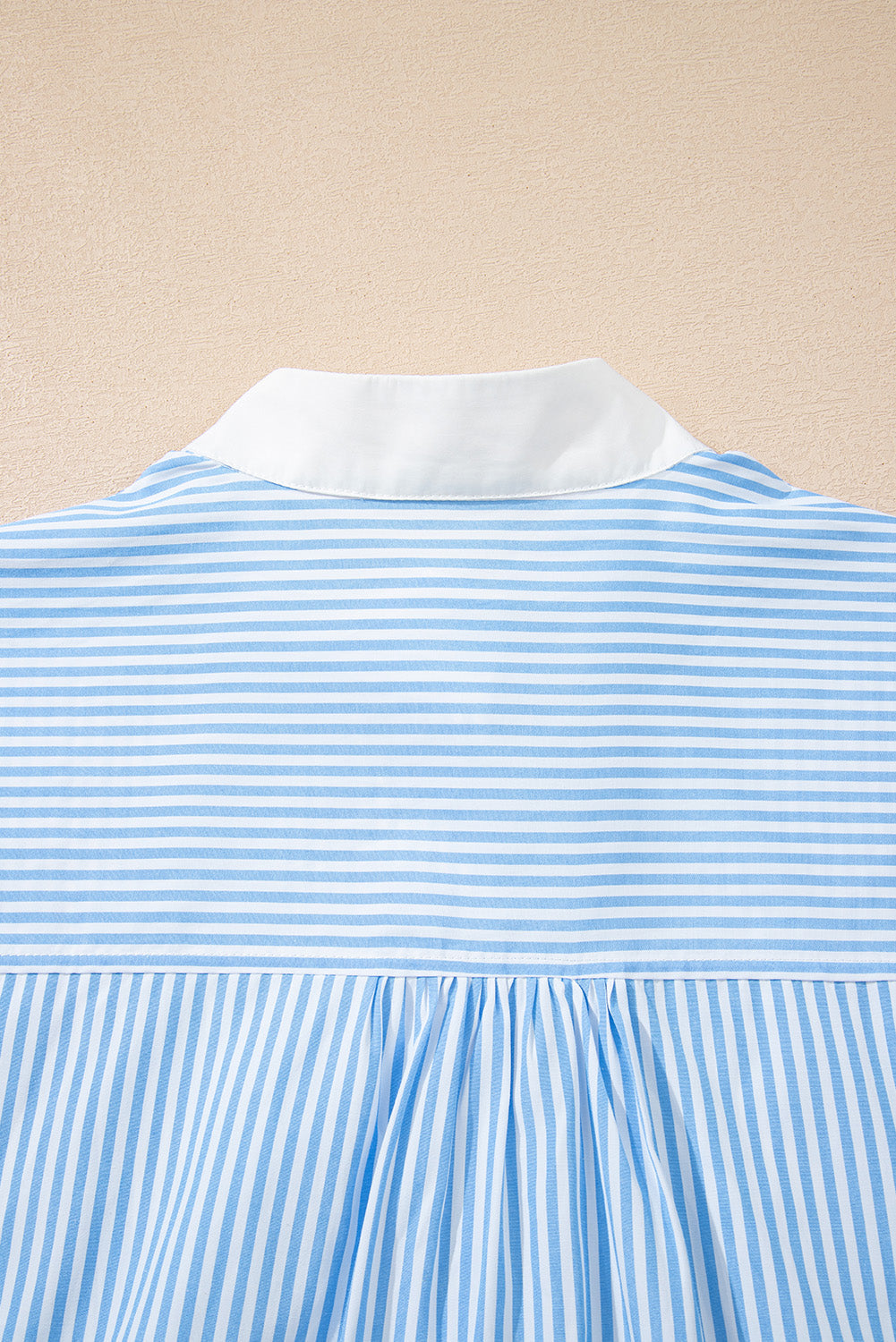 Sky Blue Stripe Contrast Collar Hidden Button Short Sleeve Summer Shirt BB Fashion Outlet